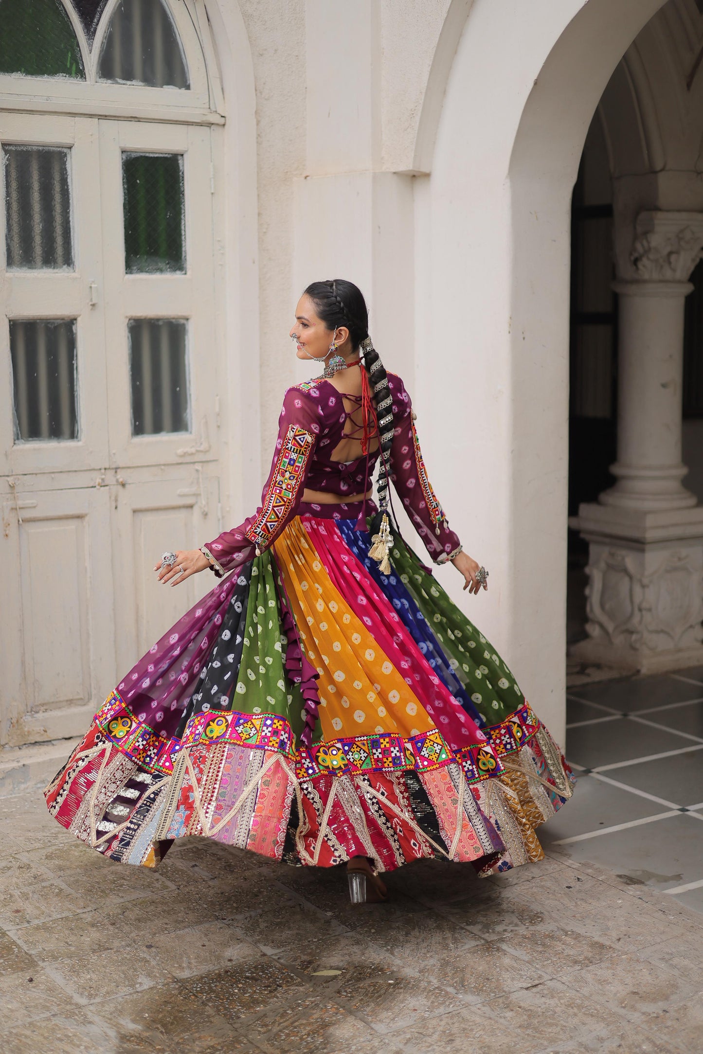 Multi Coloured Georgette Gamthi Lehenhga Choli
