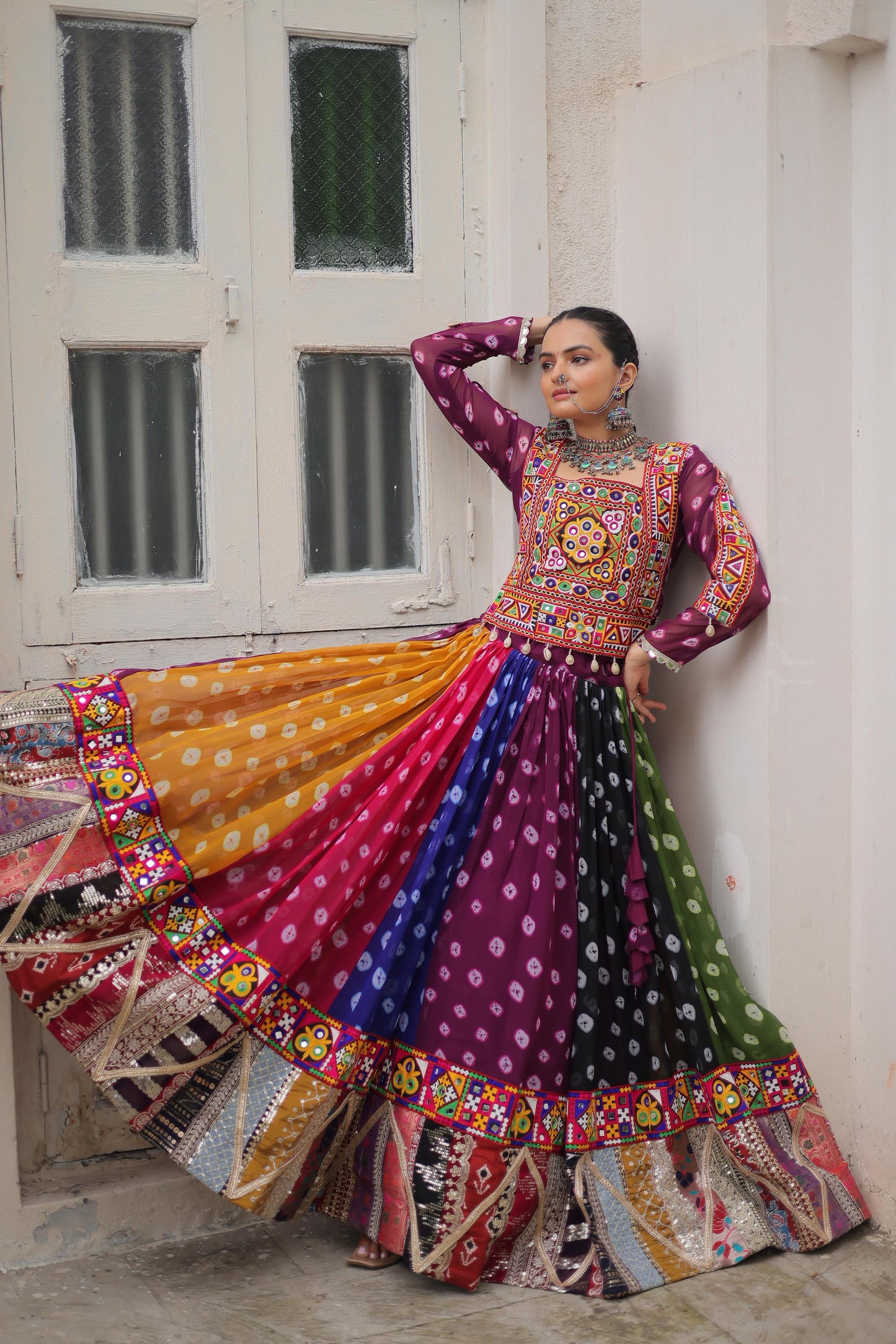 Multi Coloured Georgette Gamthi Lehenhga Choli