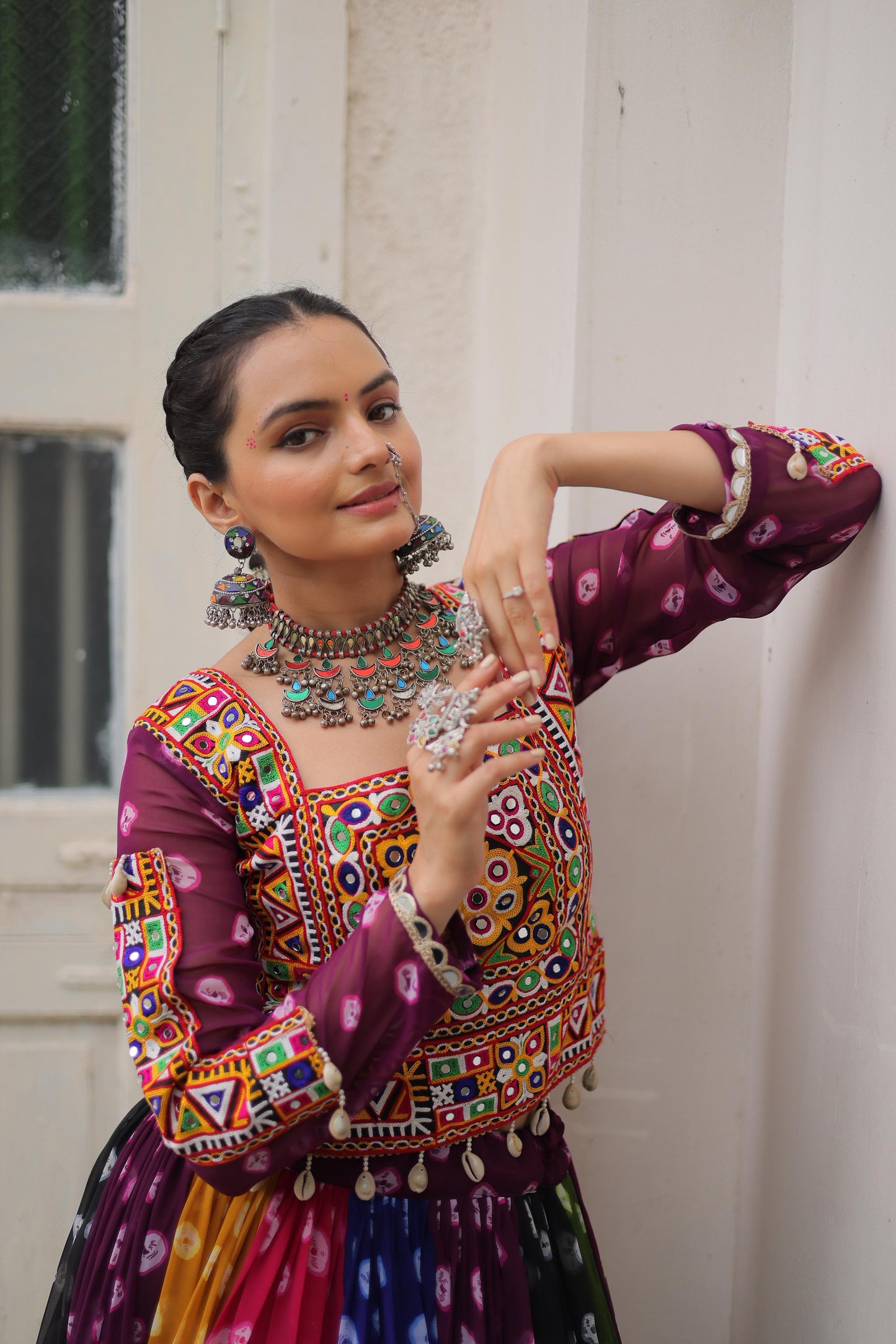 Multi Coloured Georgette Gamthi Lehenhga Choli