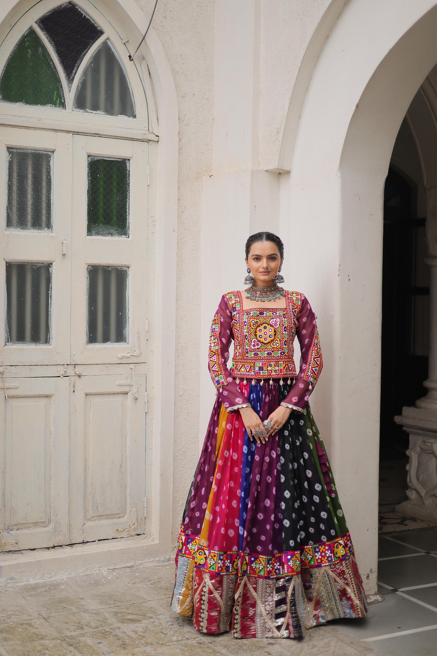 Multi Coloured Georgette Gamthi Lehenhga Choli