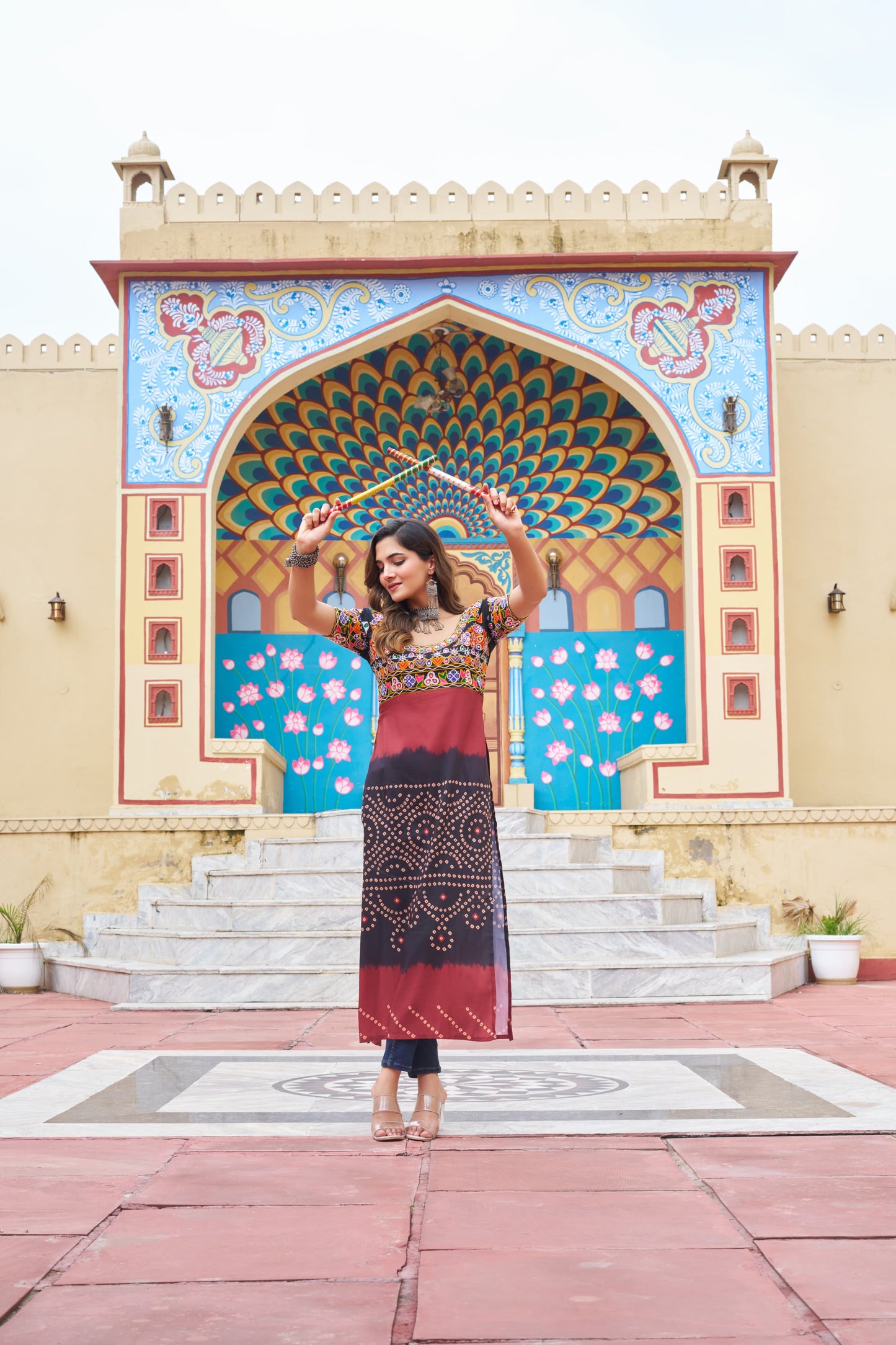 Black Colorful Banadhani Kutchi Work Kurti - Navtatri Special