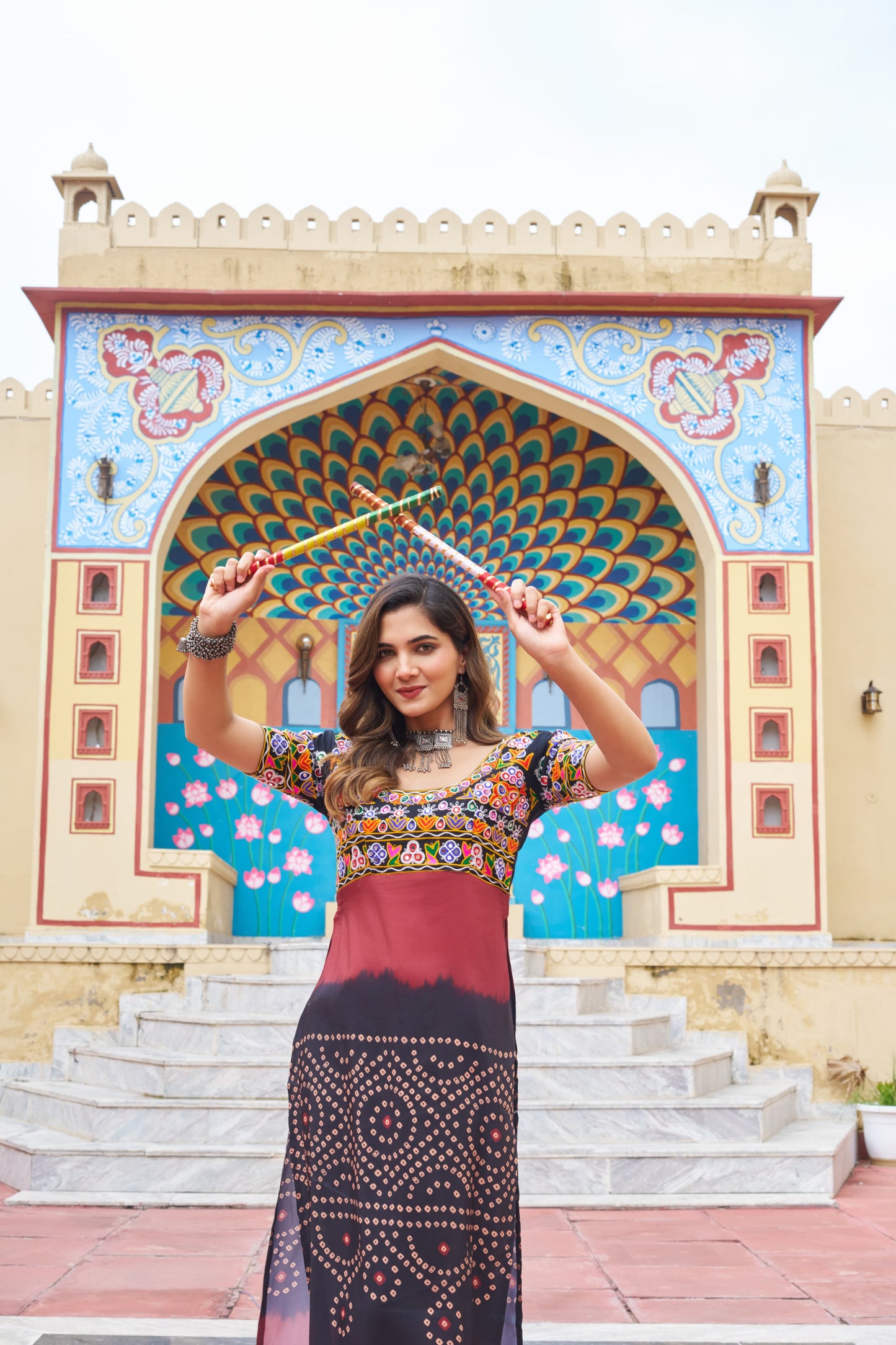 Black Colorful Banadhani Kutchi Work Kurti - Navtatri Special