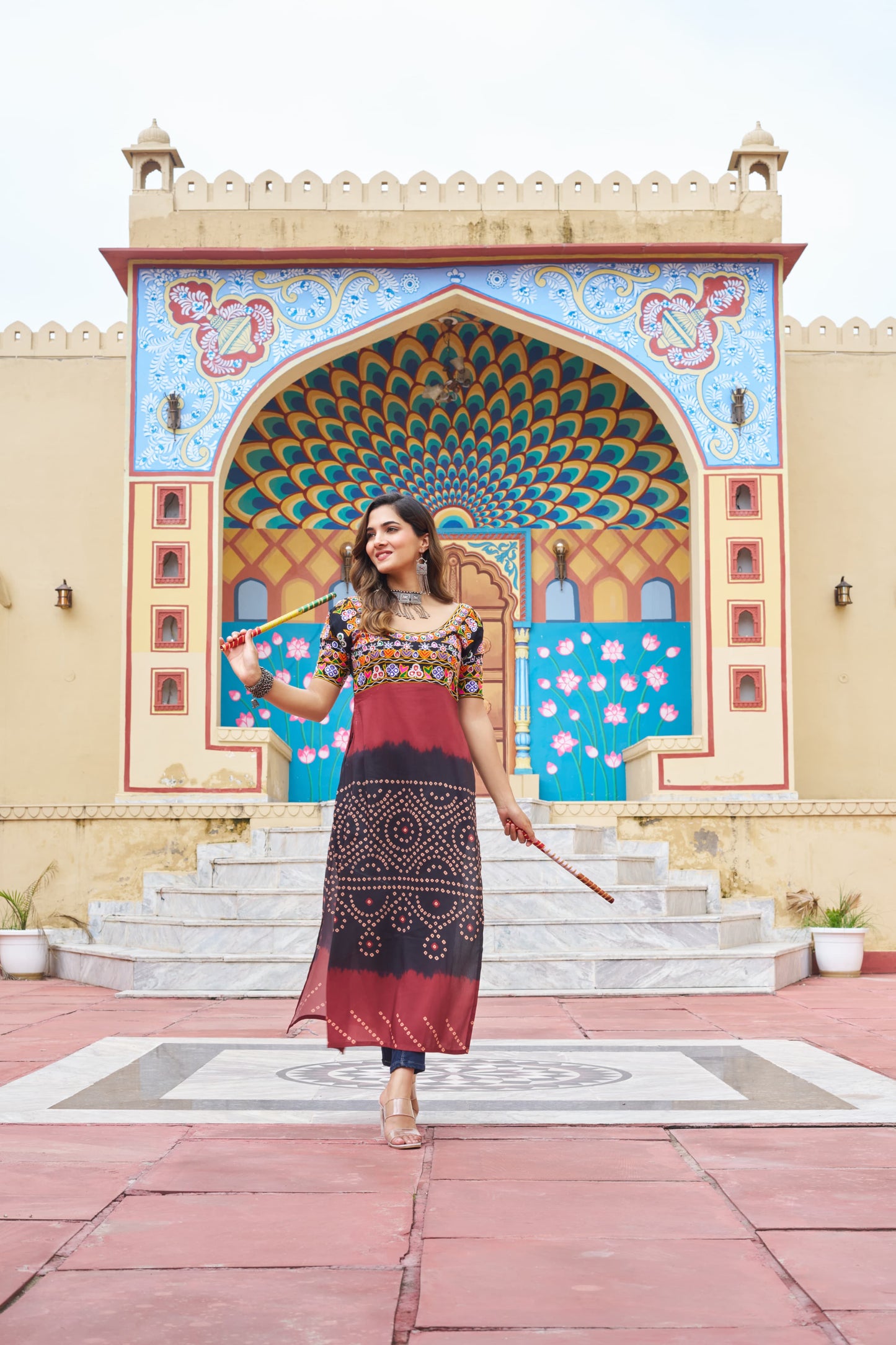 Black Colorful Banadhani Kutchi Work Kurti - Navtatri Special