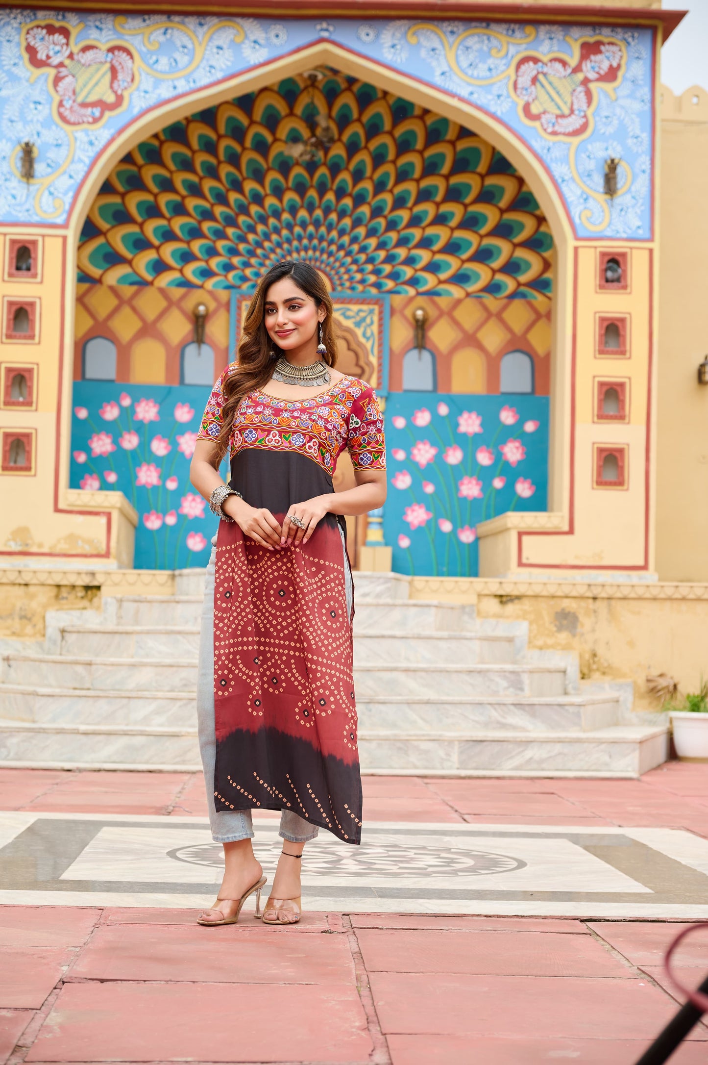 Red Colorful Banadhani kutchi Work Kurti - Navtatri Special