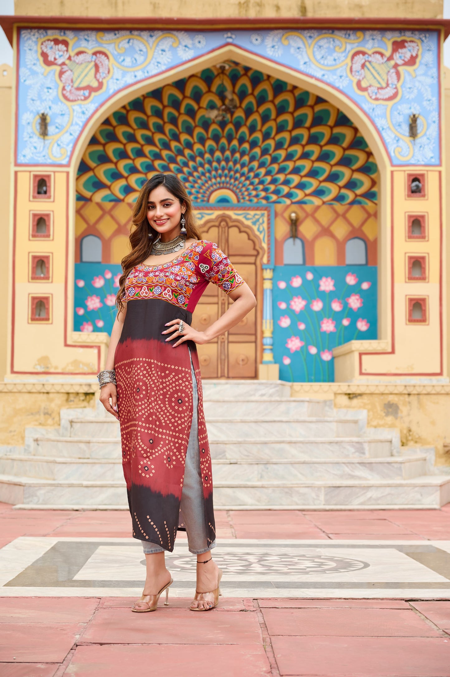 Red Colorful Banadhani kutchi Work Kurti - Navtatri Special