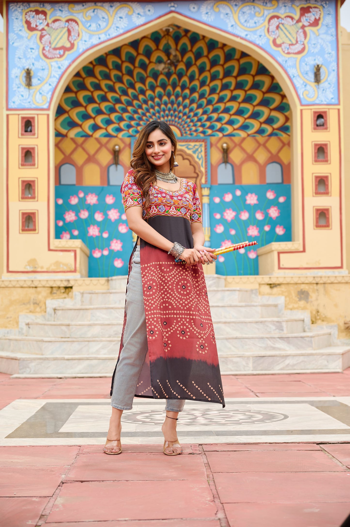 Red Colorful Banadhani kutchi Work Kurti - Navtatri Special