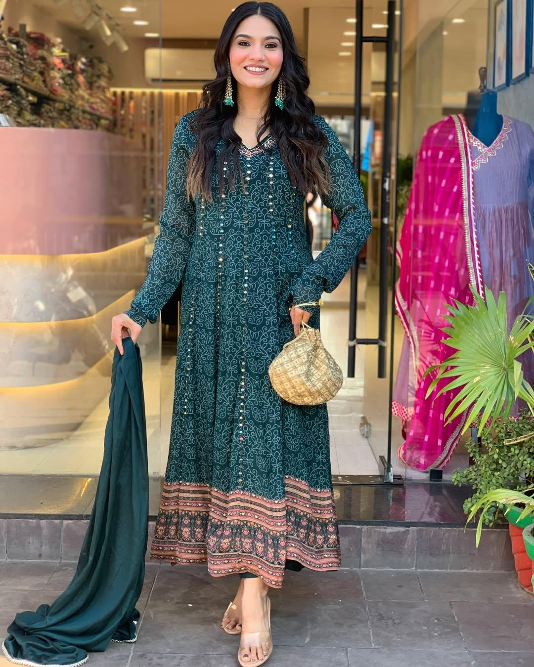 Peacock Blue Maslin Printed Embroidered Festive Suit Set