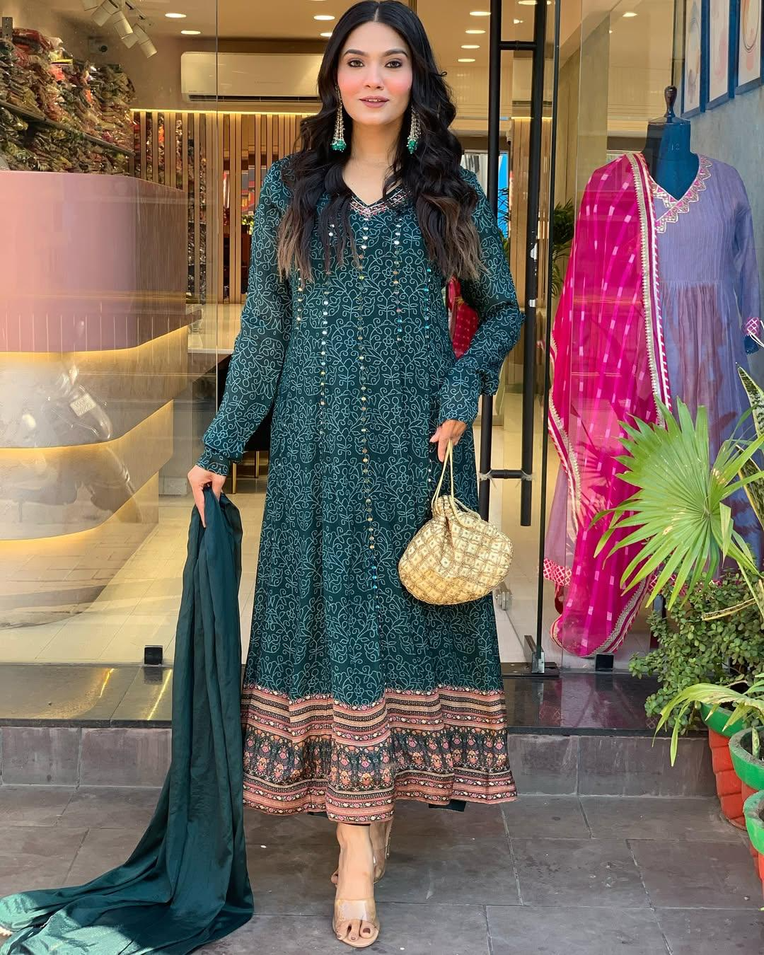 Peacock Blue Maslin Printed Embroidered Festive Suit Set