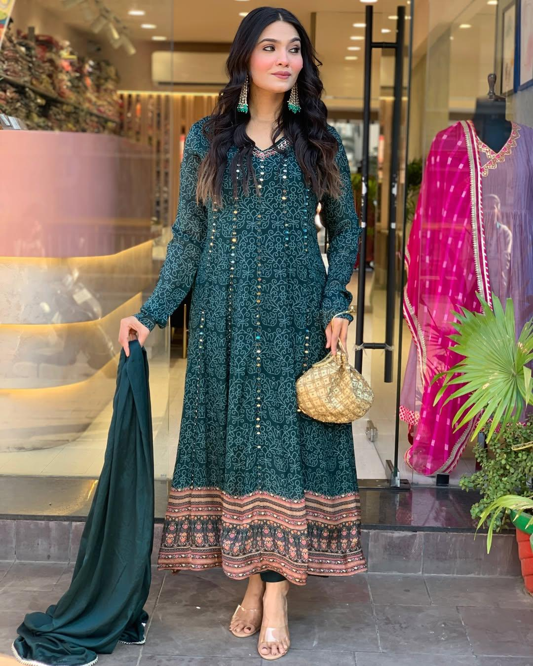 Peacock Blue Maslin Printed Embroidered Festive Suit Set