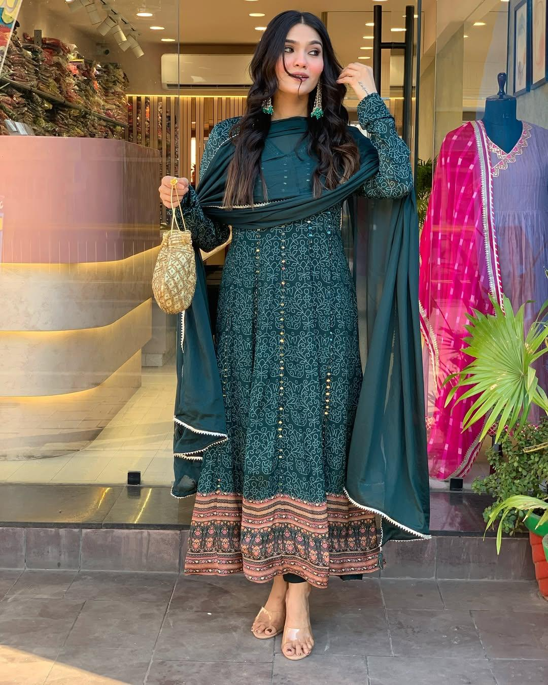 Peacock Blue Maslin Printed Embroidered Festive Suit Set