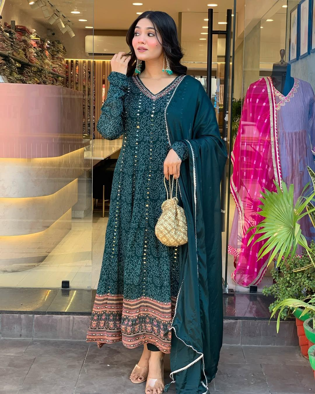 Peacock Blue Maslin Printed Embroidered Festive Suit Set