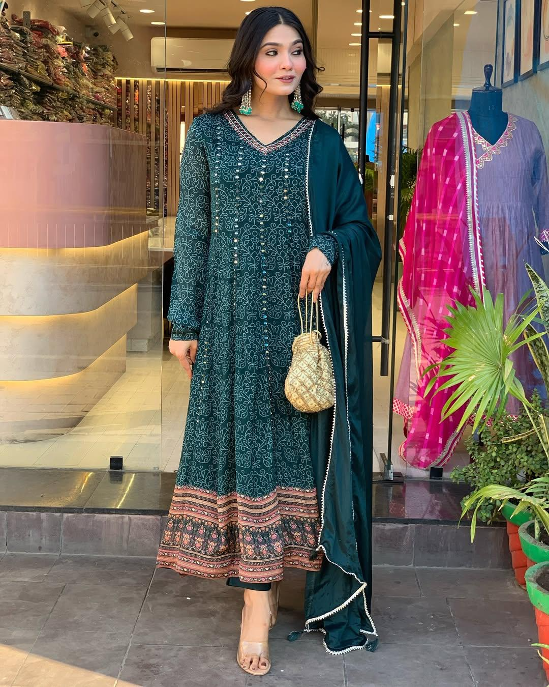 Peacock Blue Maslin Printed Embroidered Festive Suit Set