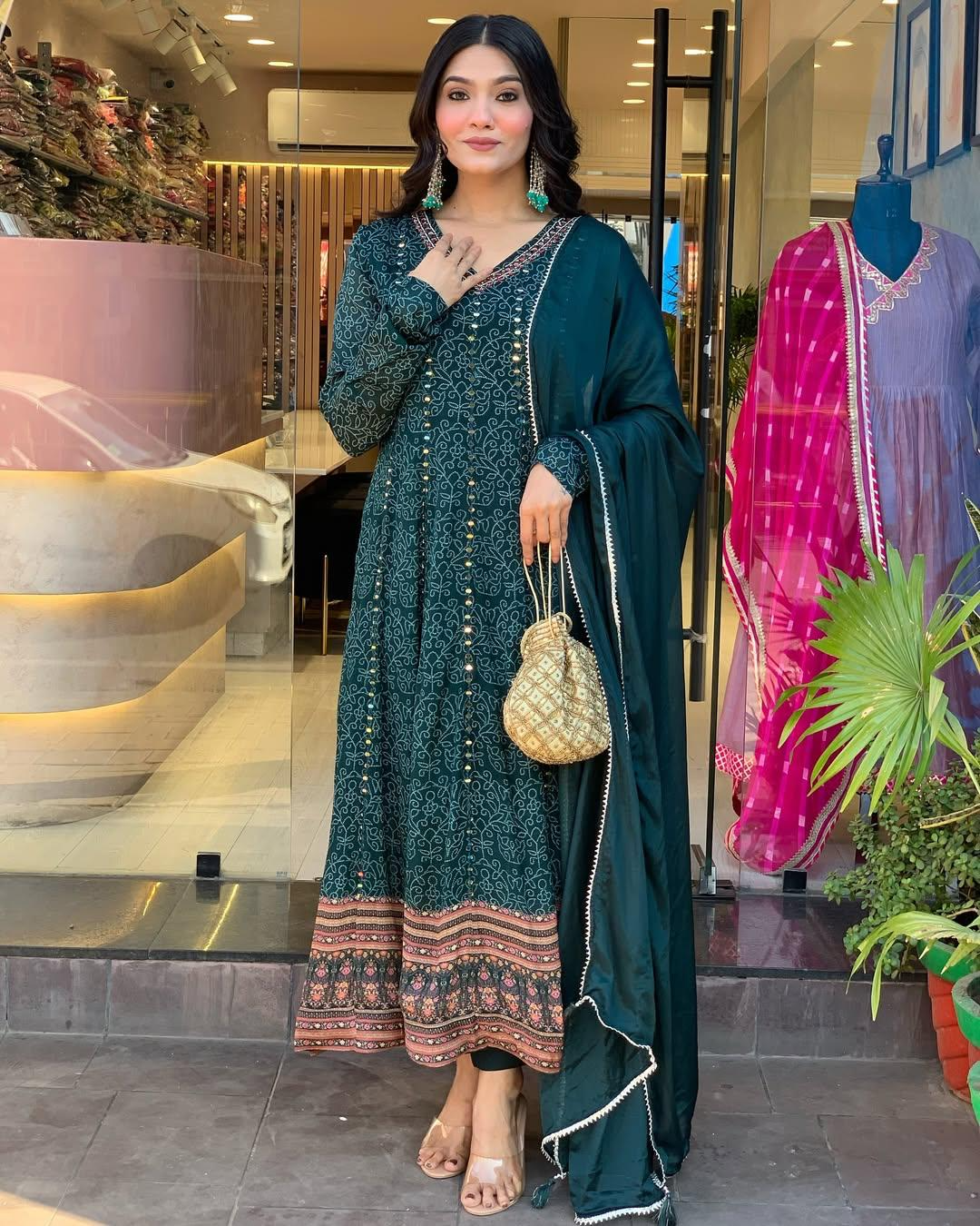 Peacock Blue Maslin Printed Embroidered Festive Suit Set