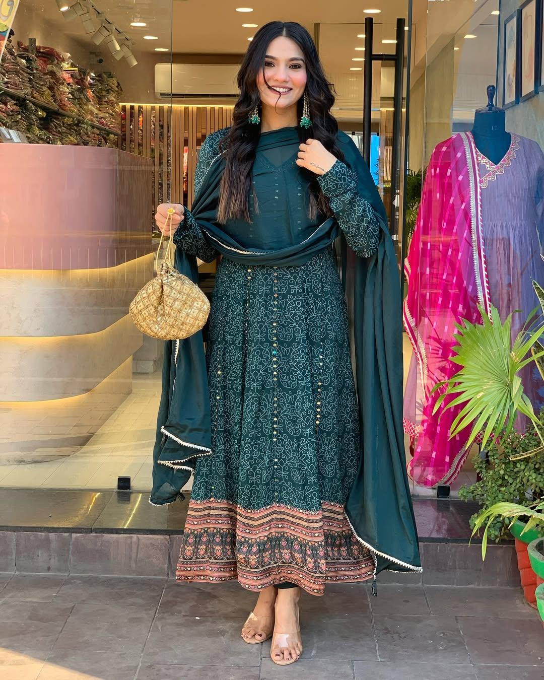 Peacock Blue Maslin Printed Embroidered Festive Suit Set