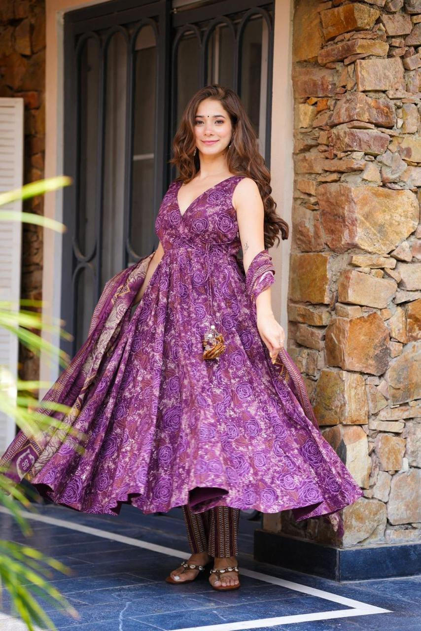 Purple Cotton Printed Angrakha Anarkali Suit