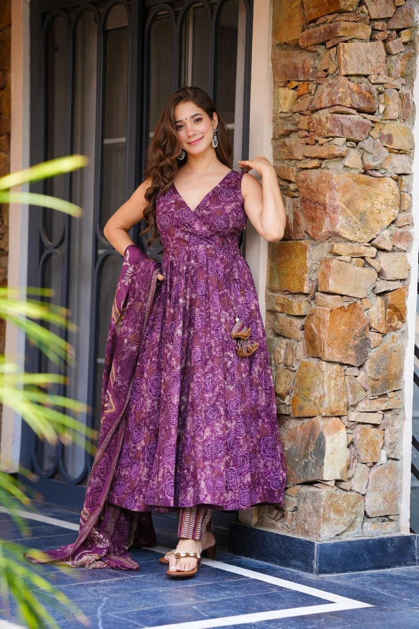 Purple Cotton Printed Angrakha Anarkali Suit