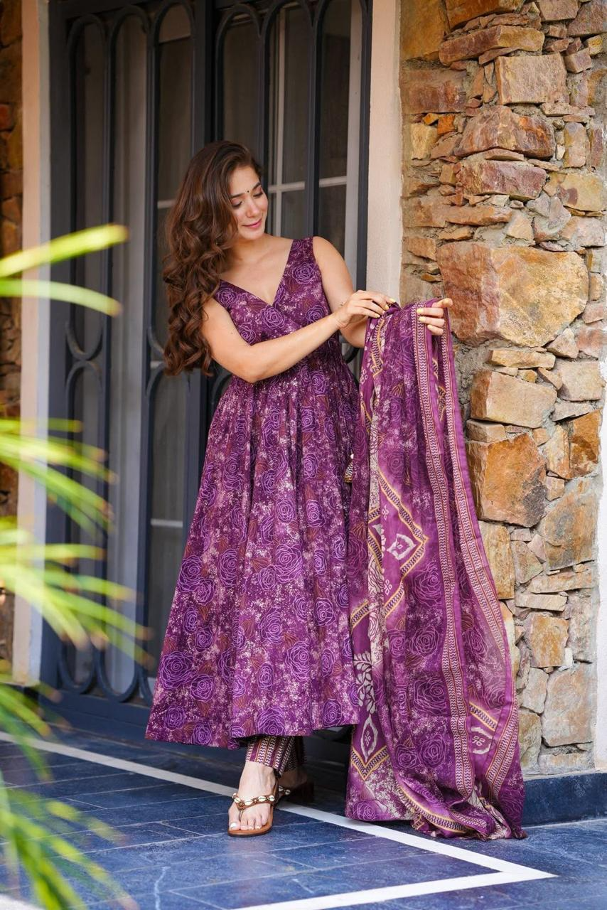 Purple Cotton Printed Angrakha Anarkali Suit