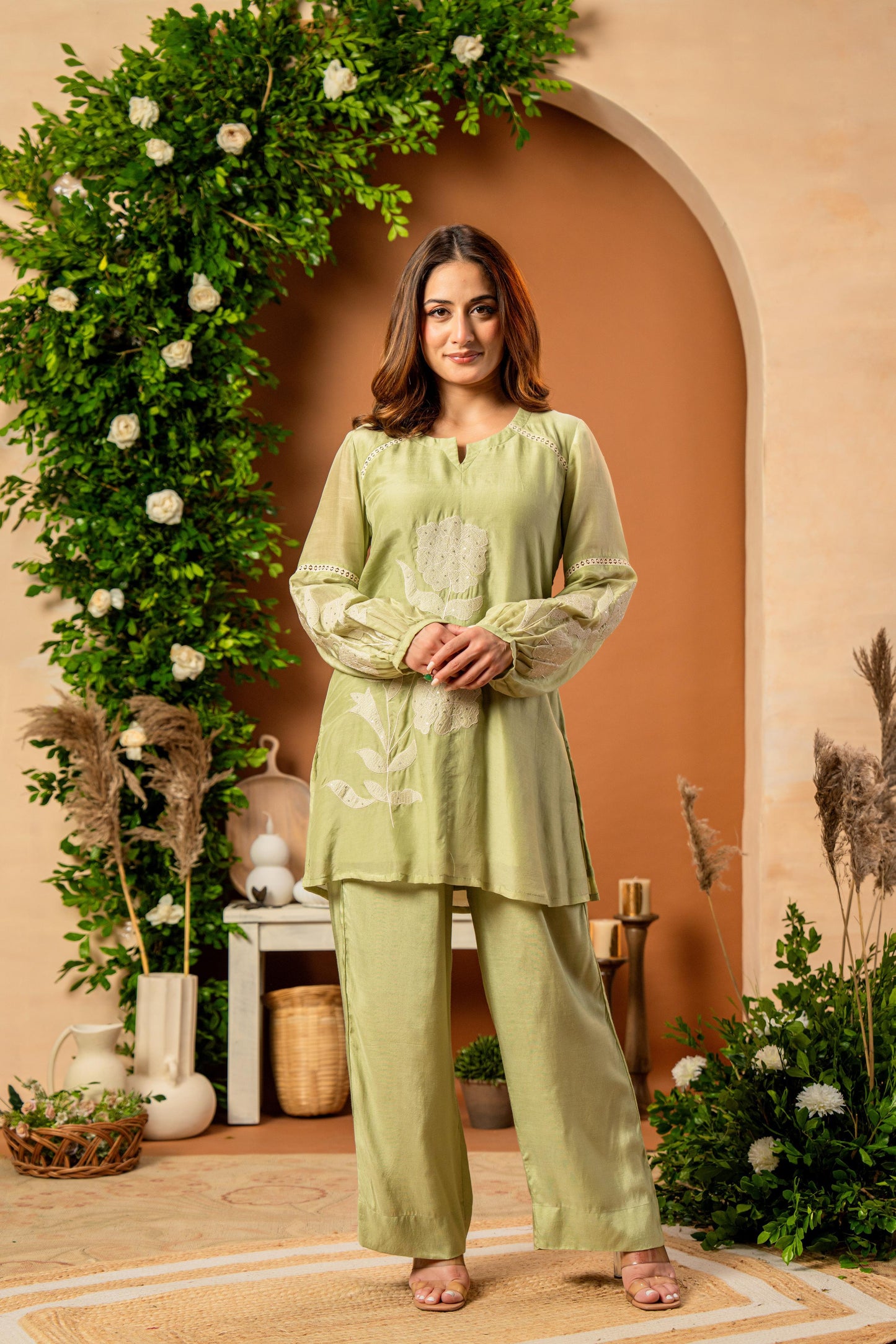 Sage Mulberry Silk Embroideried Co-Ord Set