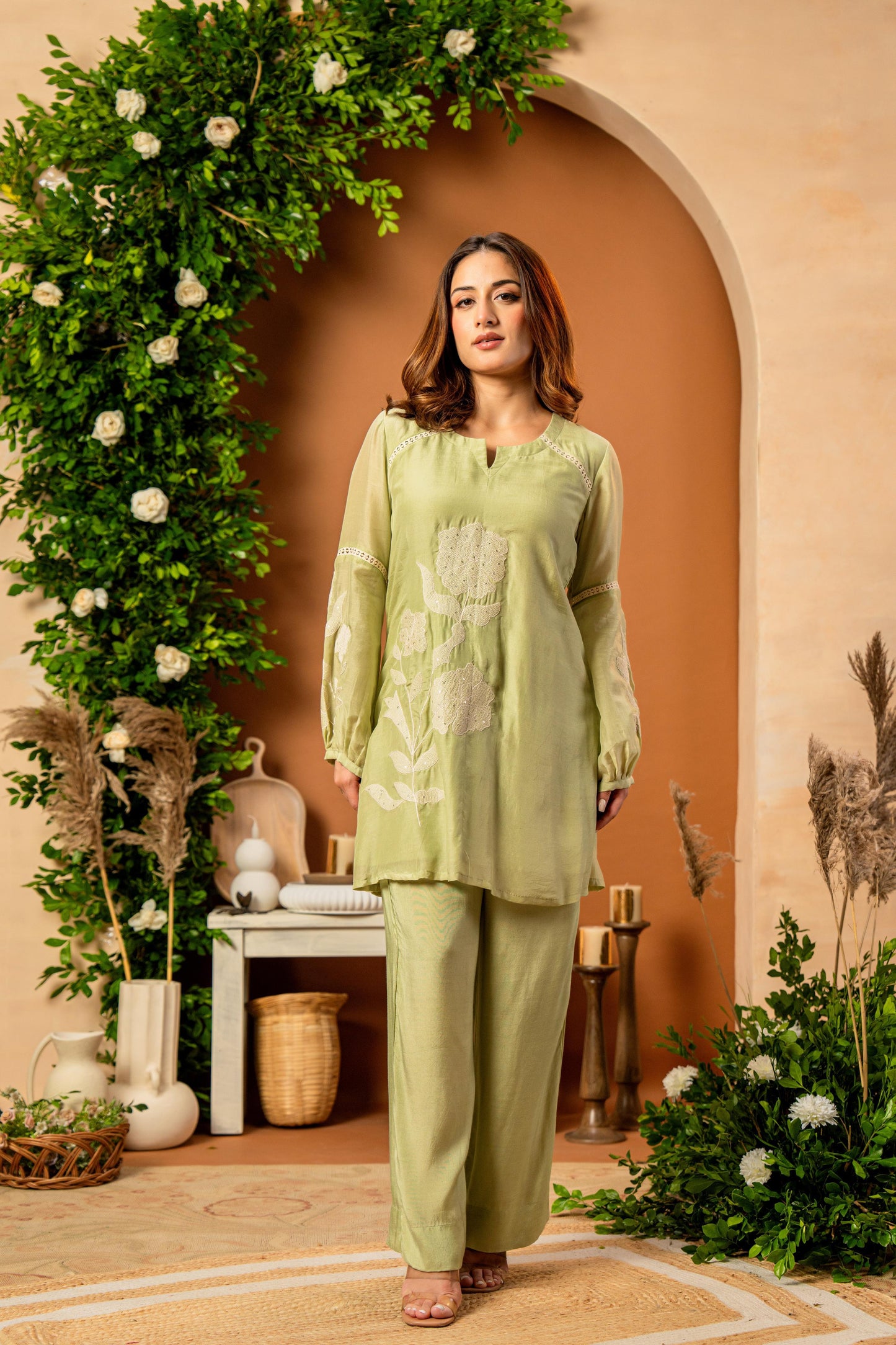 Sage Mulberry Silk Embroideried Co-Ord Set