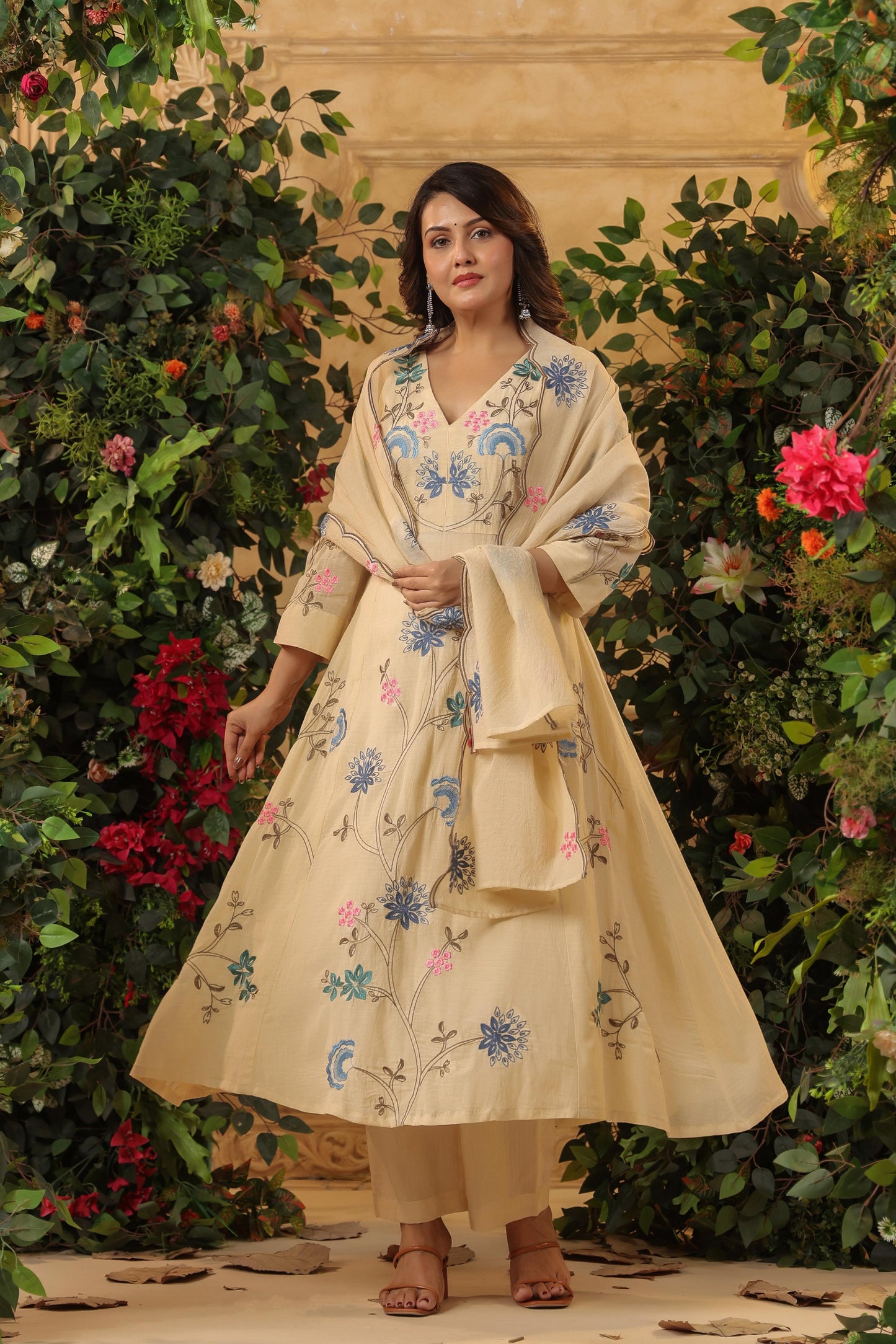 Mul Chanderi Embroidered Anarkali Suit Set