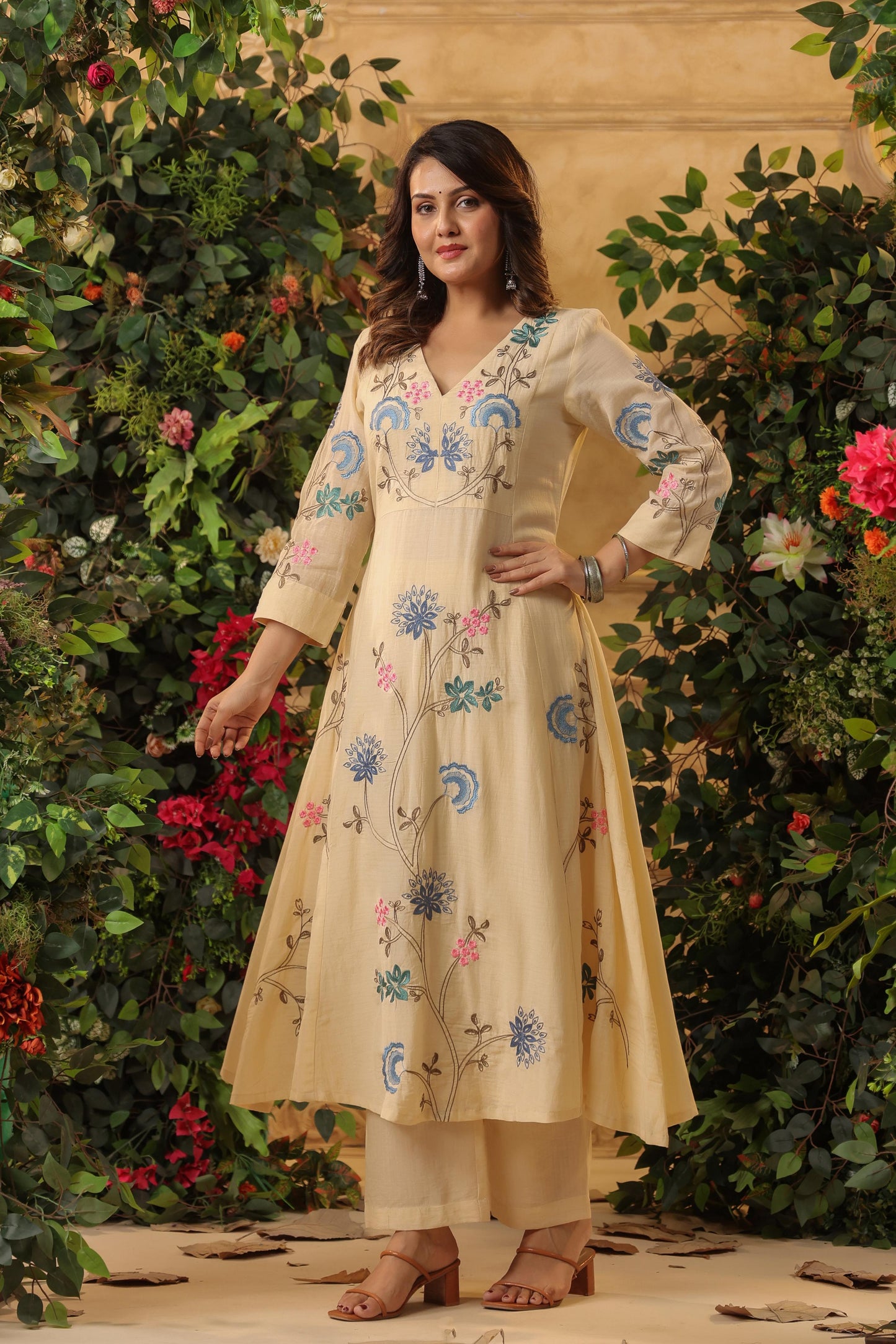Mul Chanderi Embroidered Anarkali Suit Set