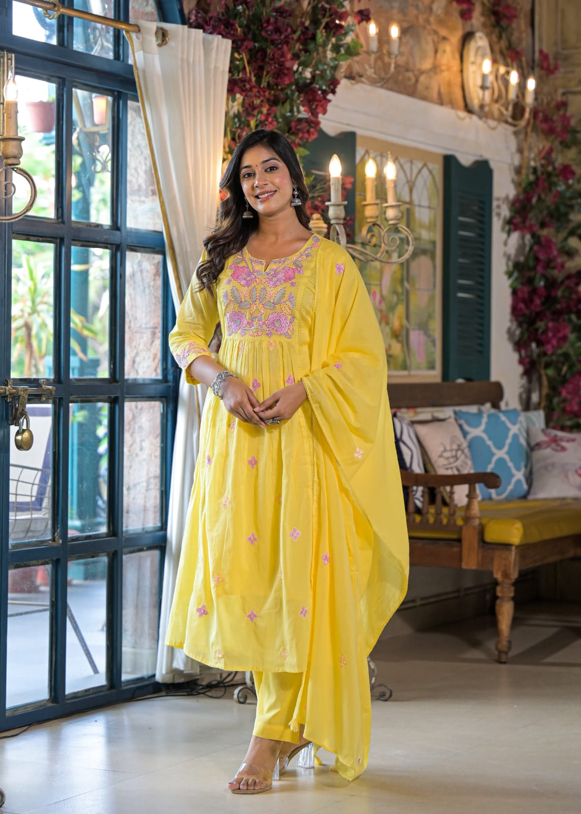 Yellow Mul Cotton Embroidered Suit Set