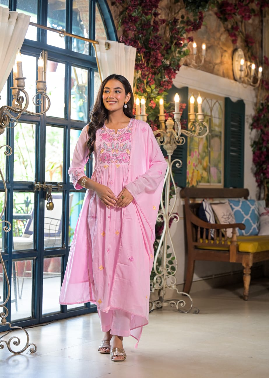 Pink Mul Cotton Embroidered Suit Set