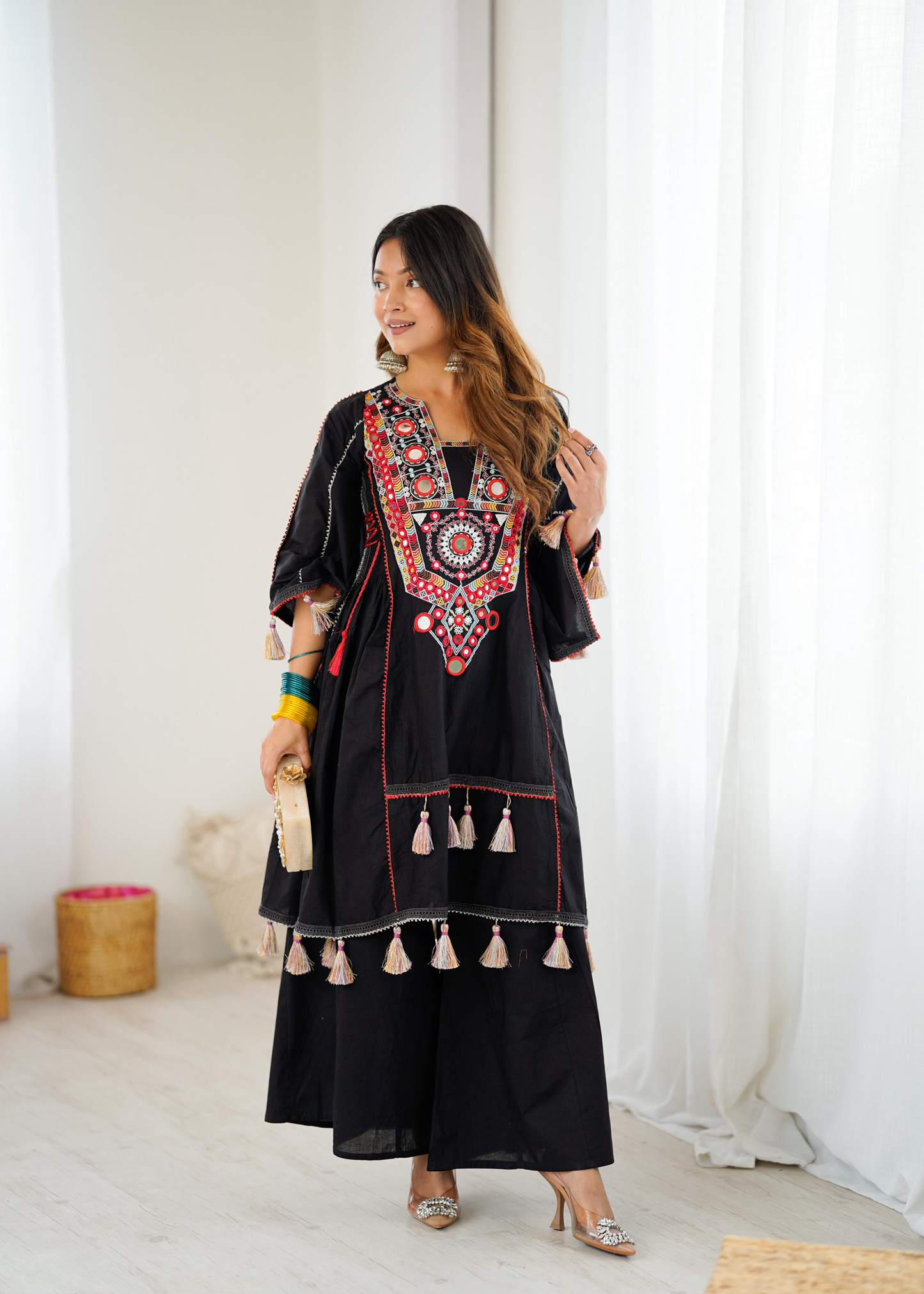 Black Khadi Cotton Sequence Embroidered Festive Anarkali Suit