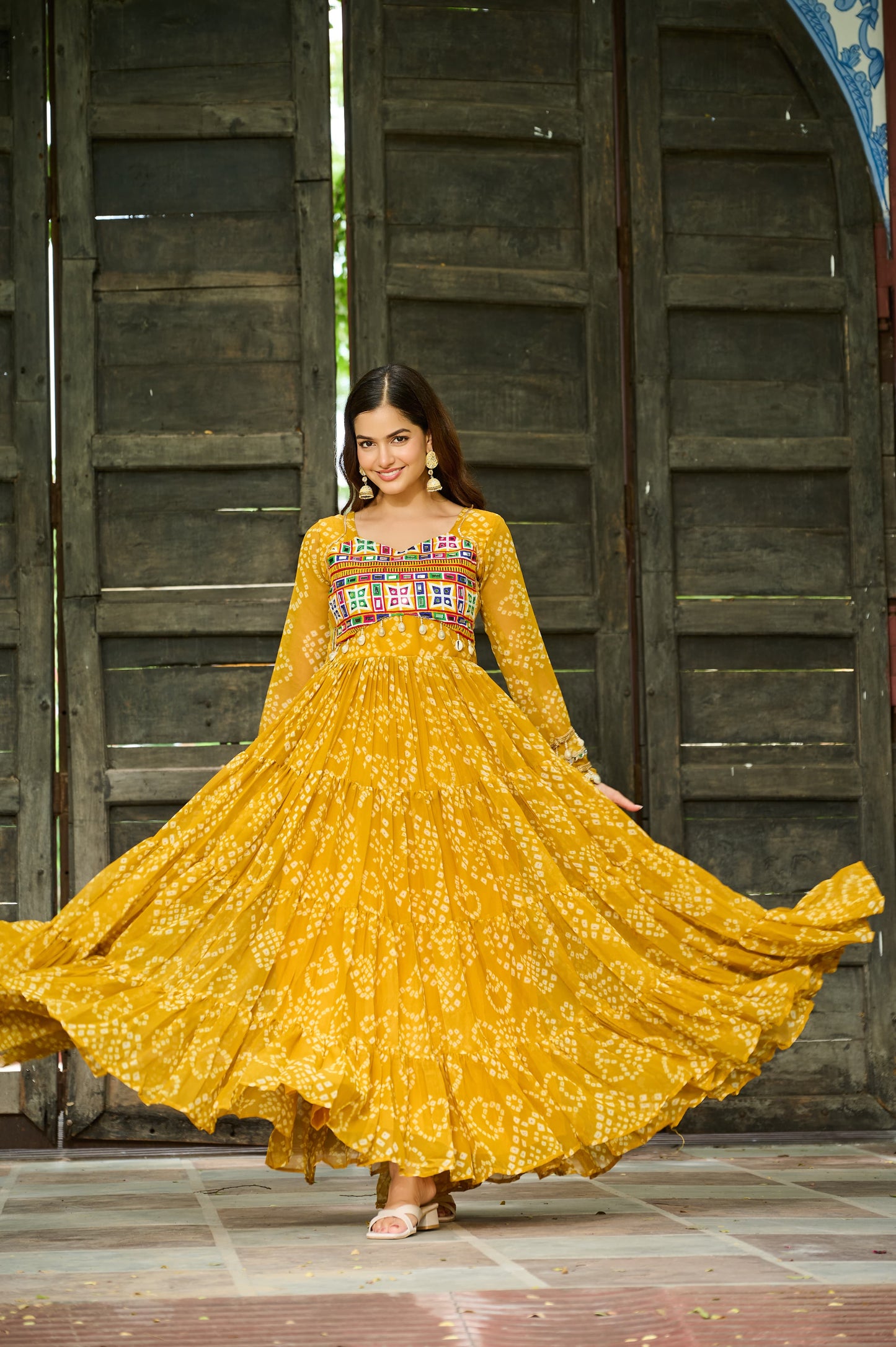 Mustard Georgette Bandhani Gown