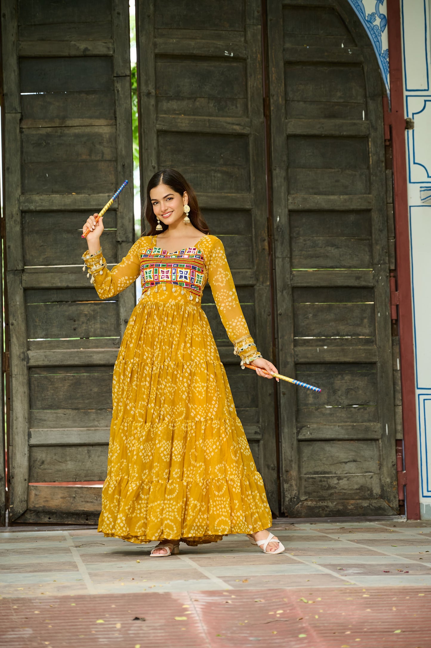 Mustard Georgette Bandhani Gown