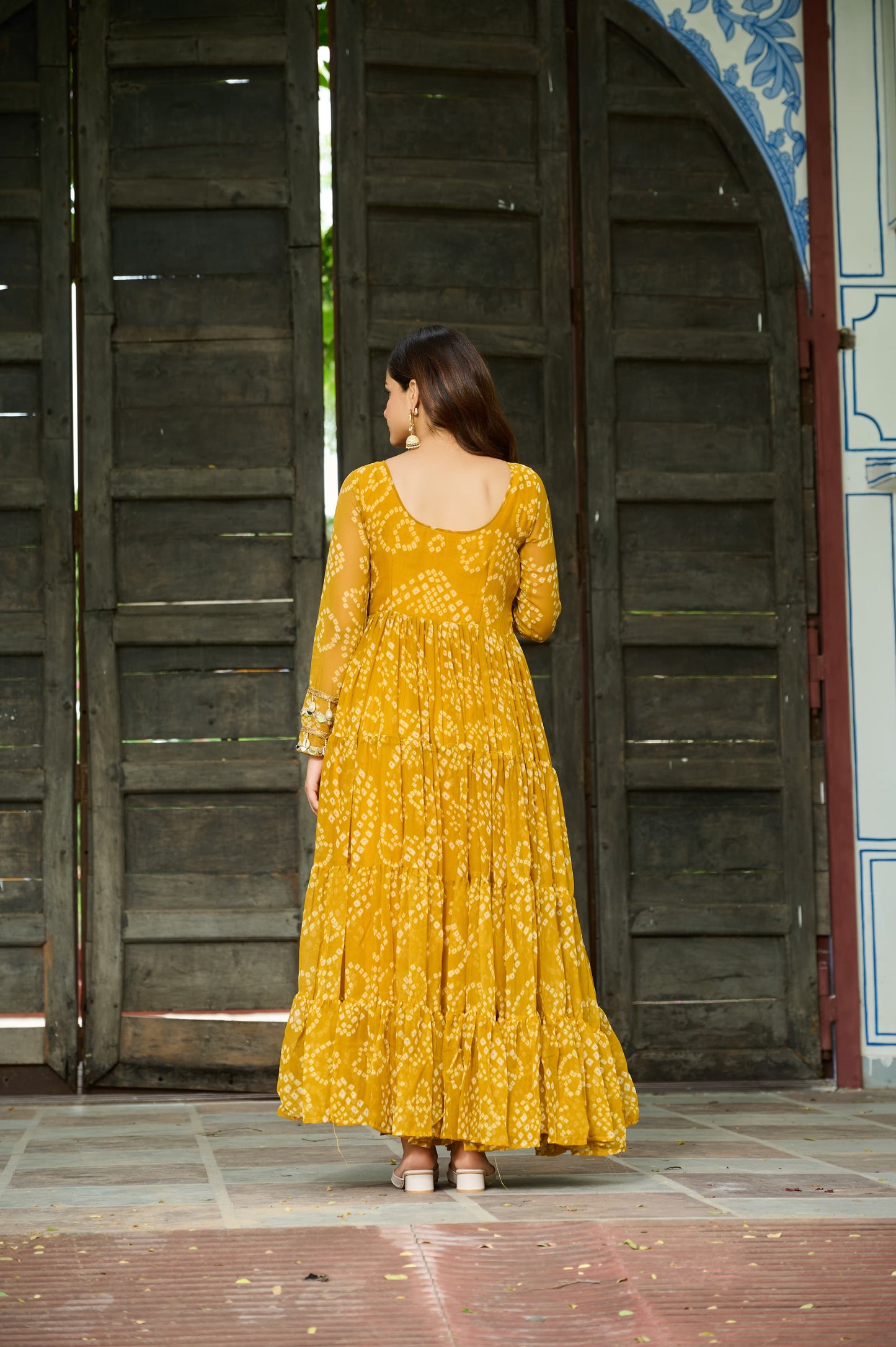 Mustard Georgette Bandhani Gown
