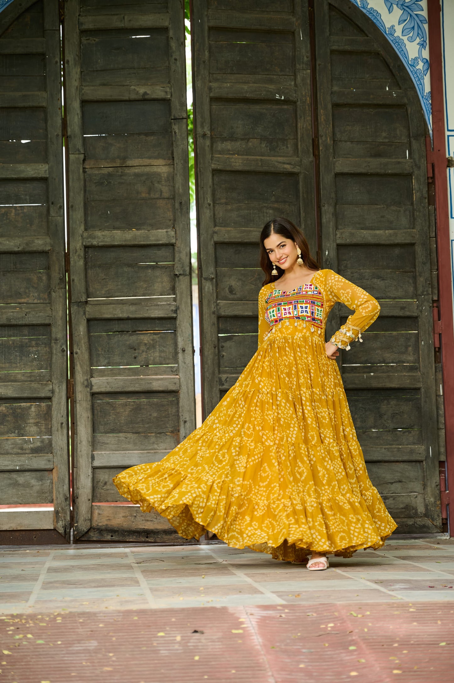 Mustard Georgette Bandhani Gown