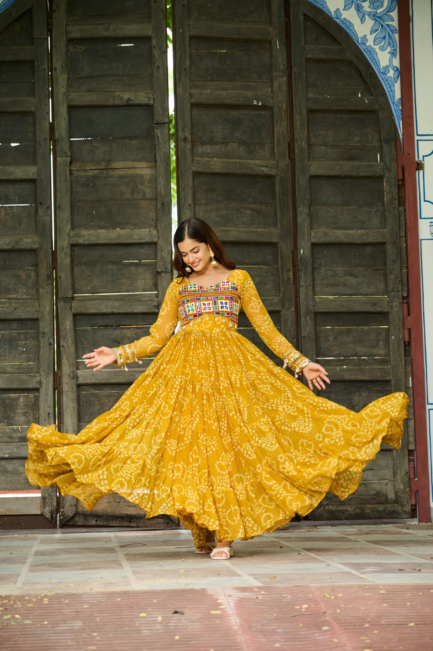 Mustard Georgette Bandhani Gown