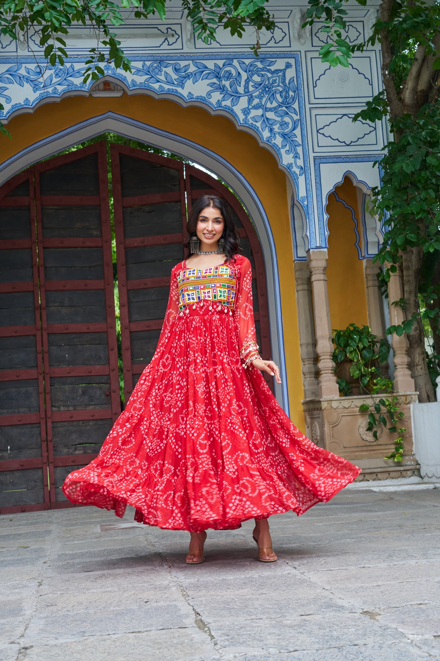 Tomato Red Georgette Bandhani Gown