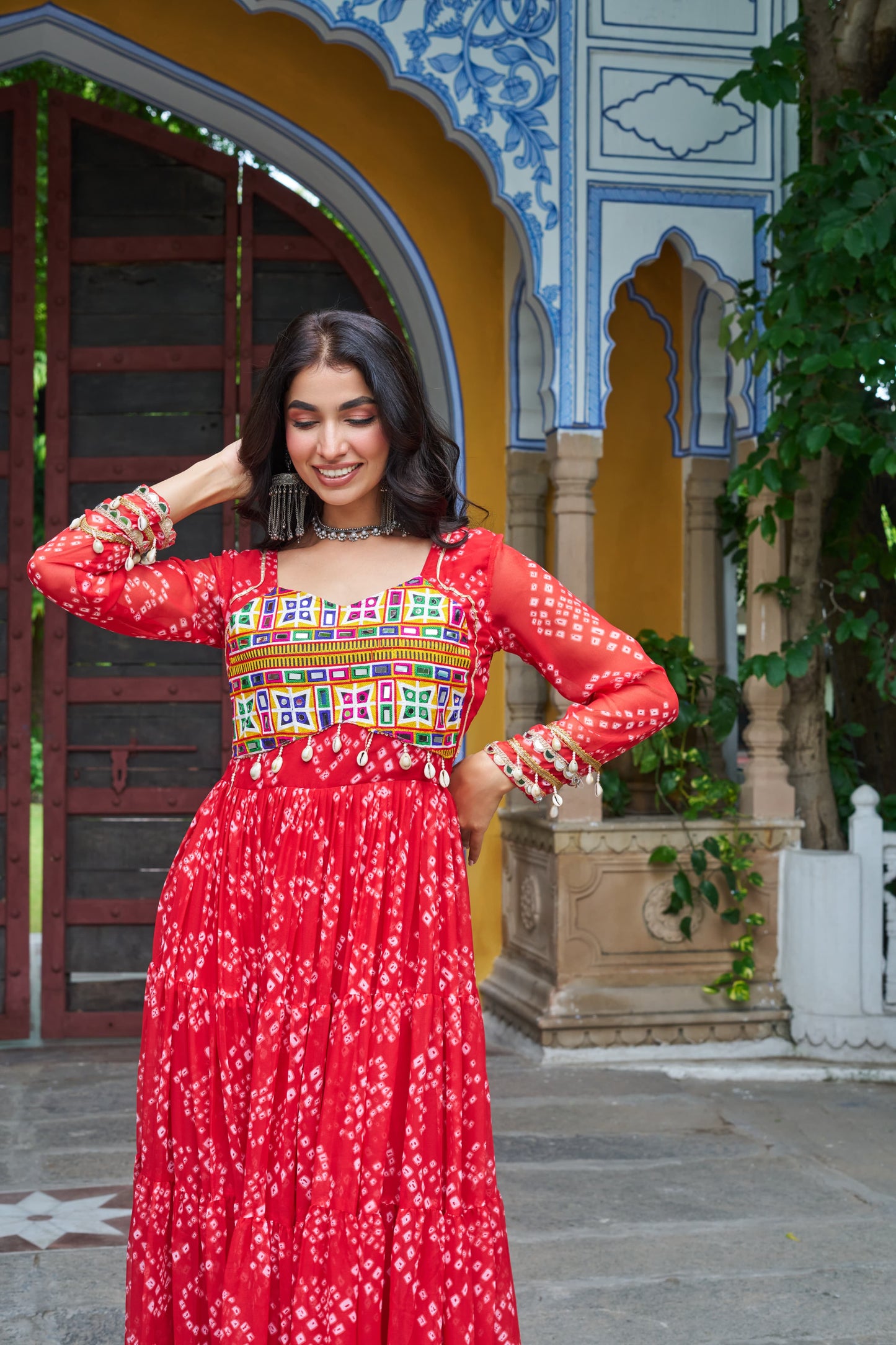 Tomato Red Georgette Bandhani Gown