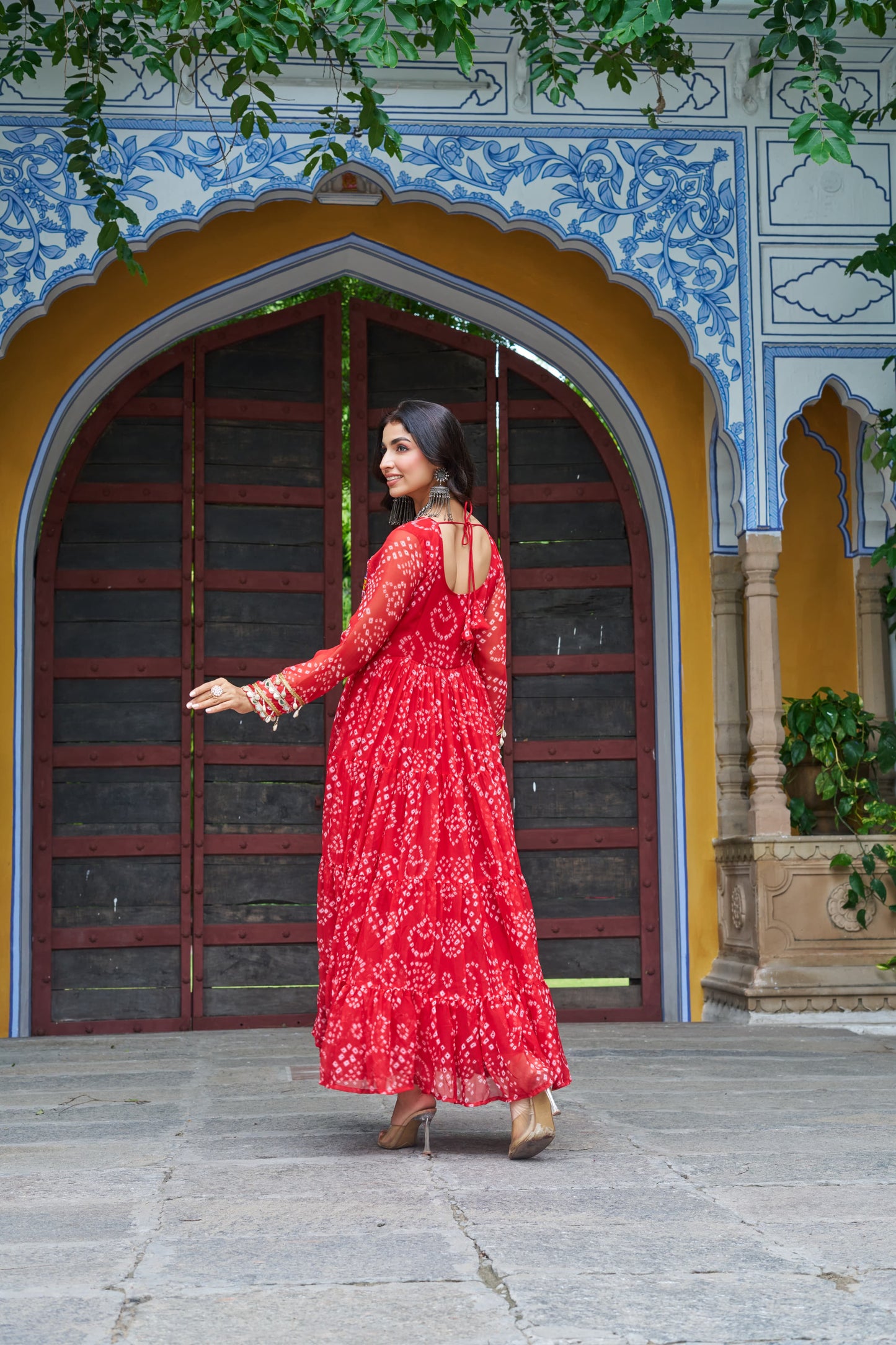 Tomato Red Georgette Bandhani Gown
