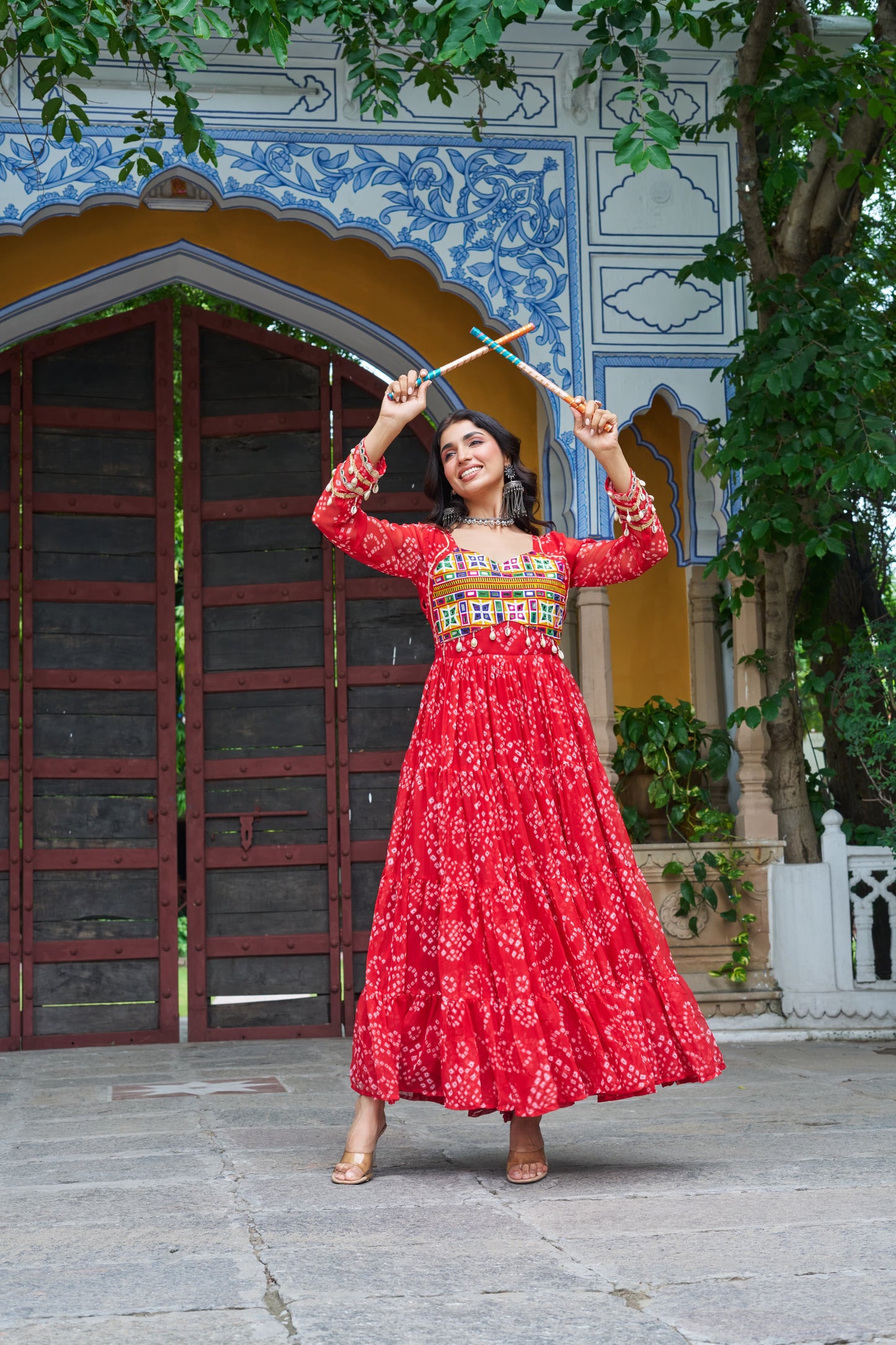Tomato Red Georgette Bandhani Gown