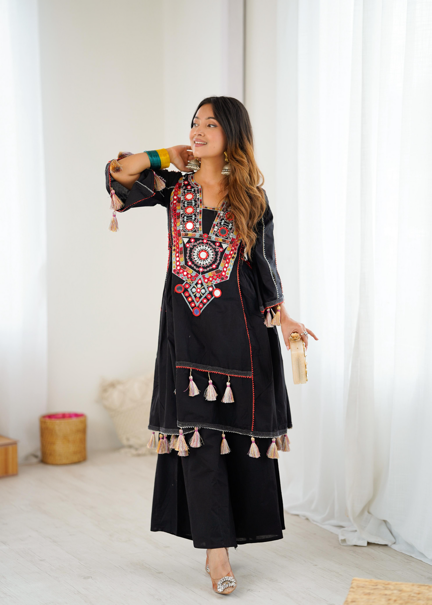 Black Khadi Cotton Sequence Embroidered Festive Anarkali Suit