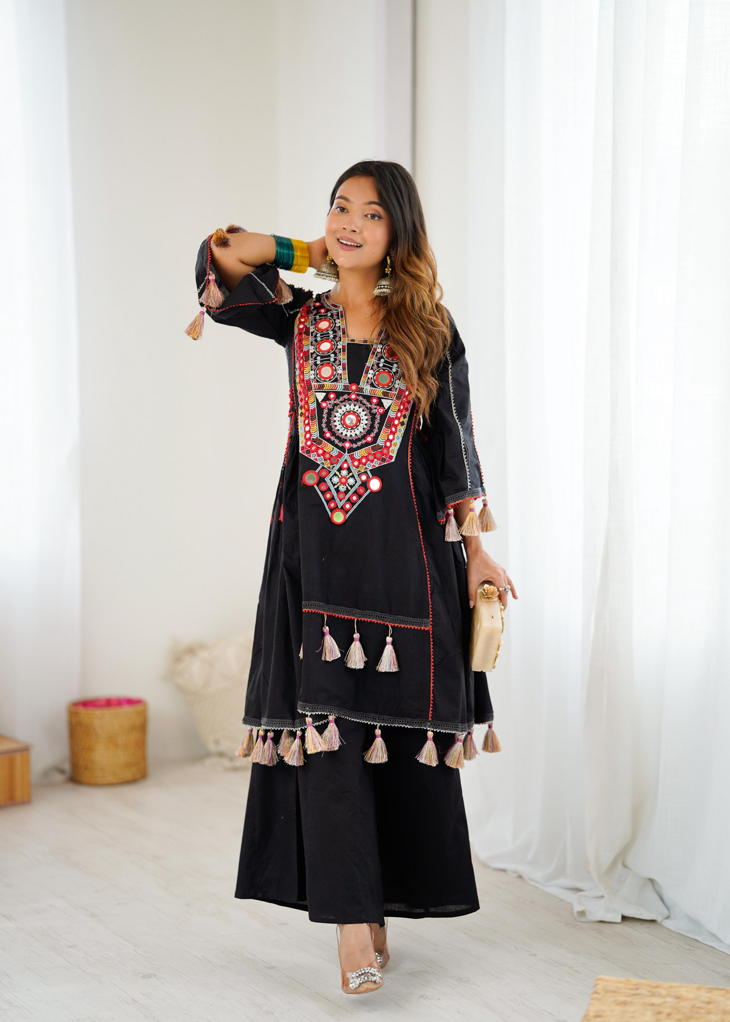 Black Khadi Cotton Sequence Embroidered Festive Anarkali Suit
