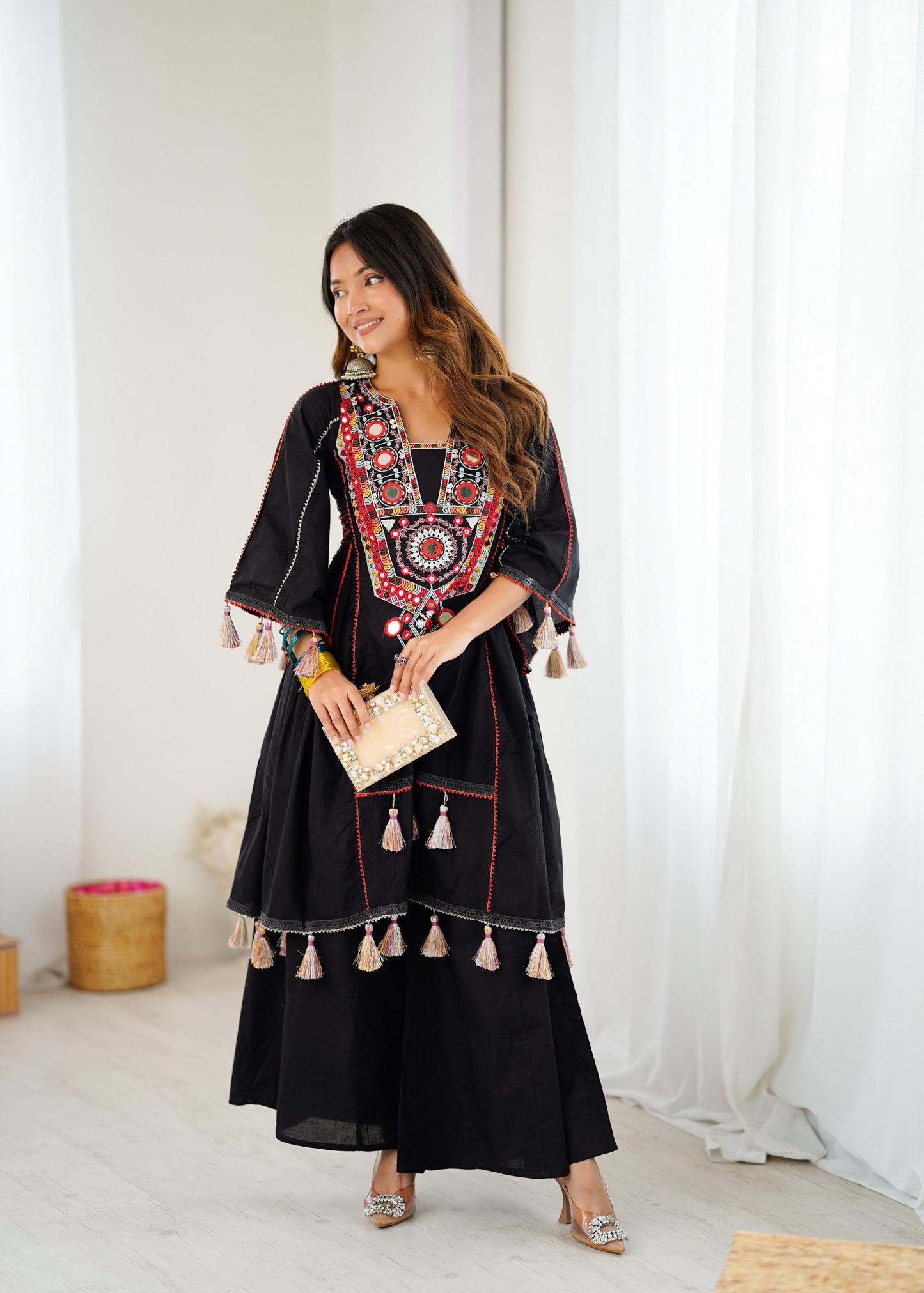 Black Khadi Cotton Sequence Embroidered Festive Anarkali Suit