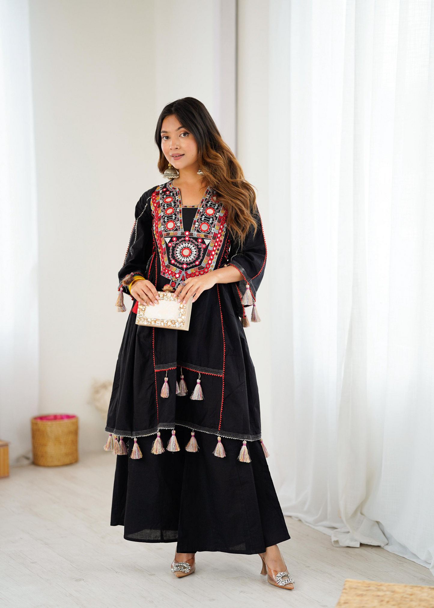 Black Khadi Cotton Sequence Embroidered Festive Anarkali Suit