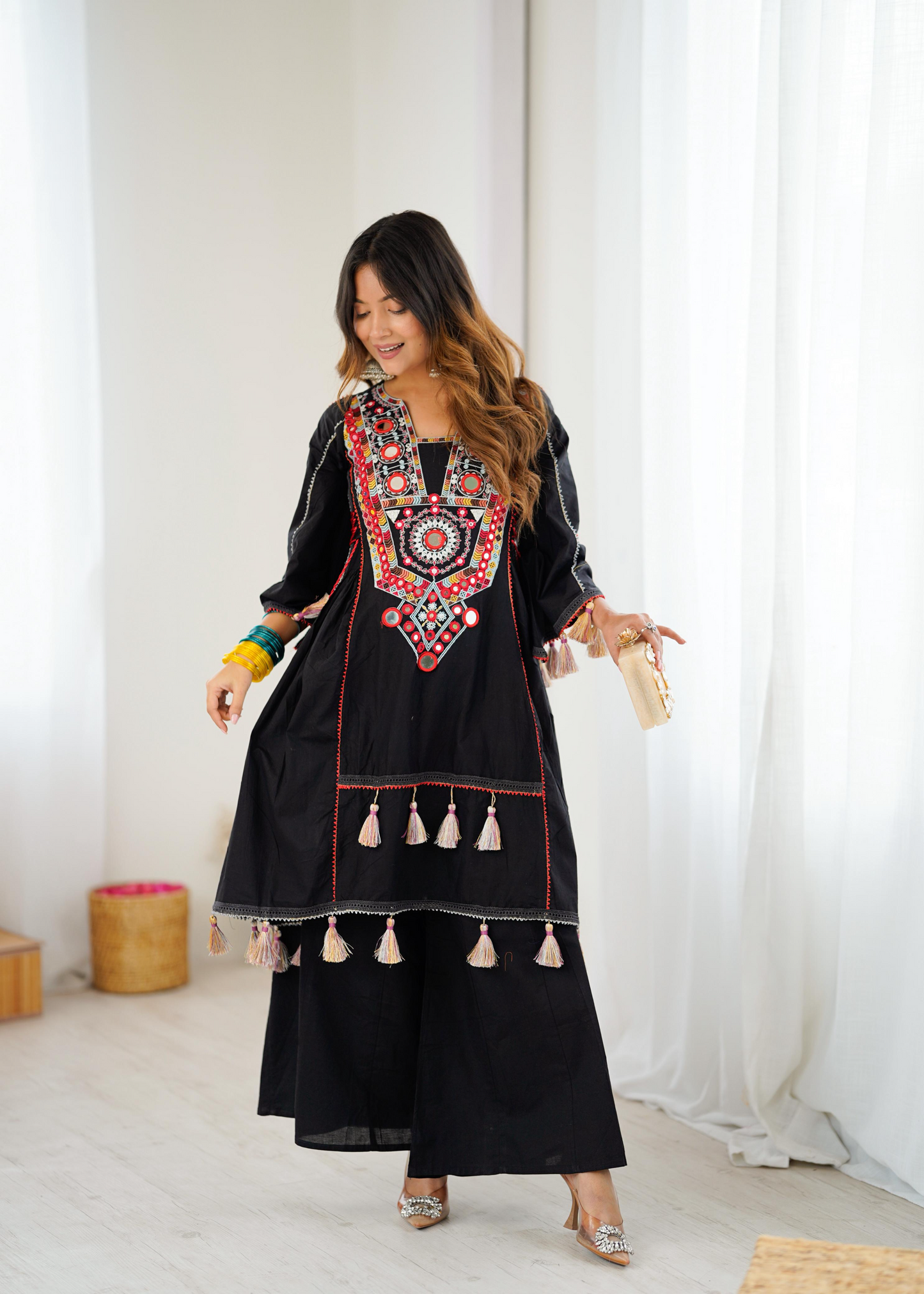 Black Khadi Cotton Sequence Embroidered Festive Anarkali Suit