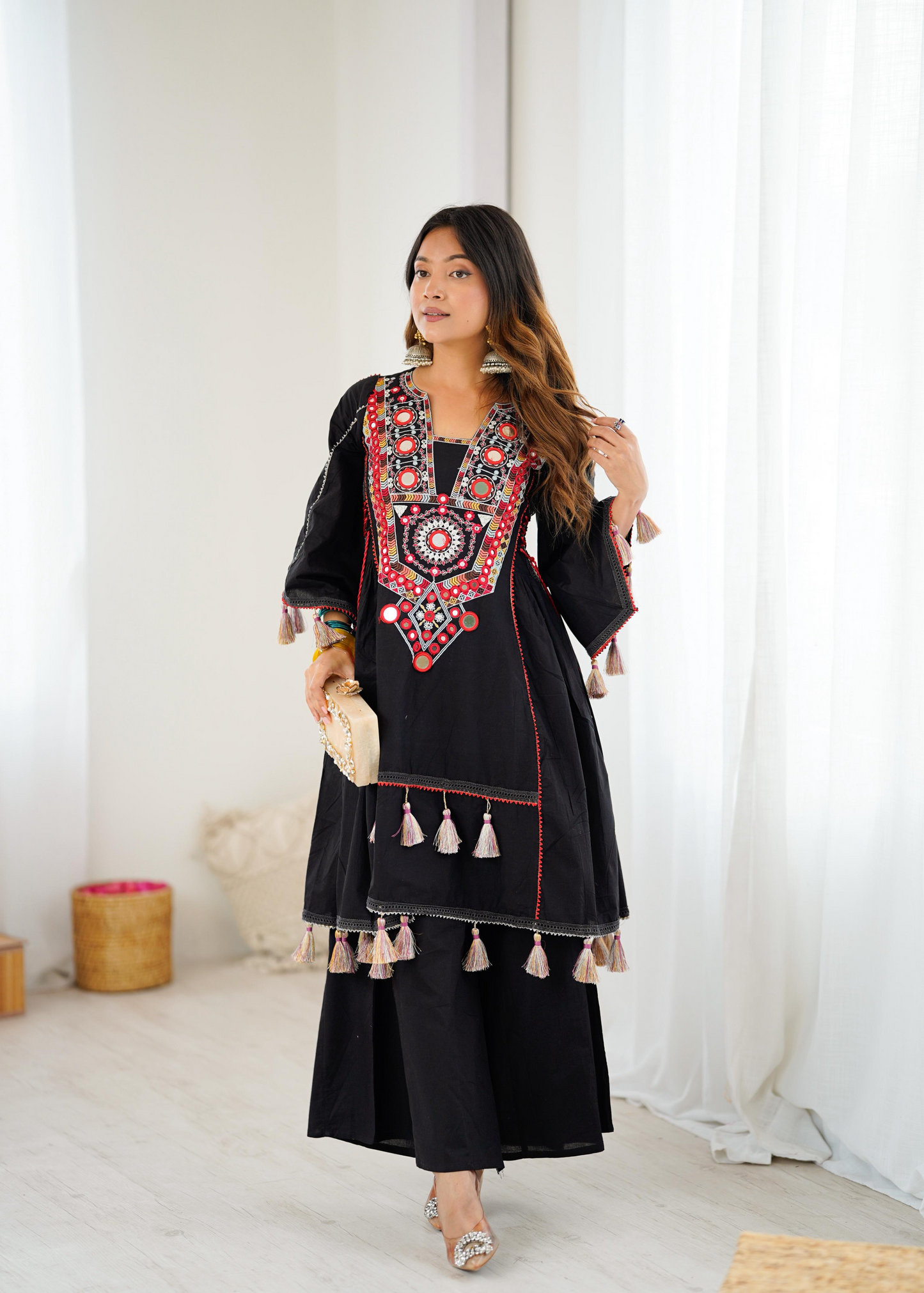 Black Khadi Cotton Sequence Embroidered Festive Anarkali Suit