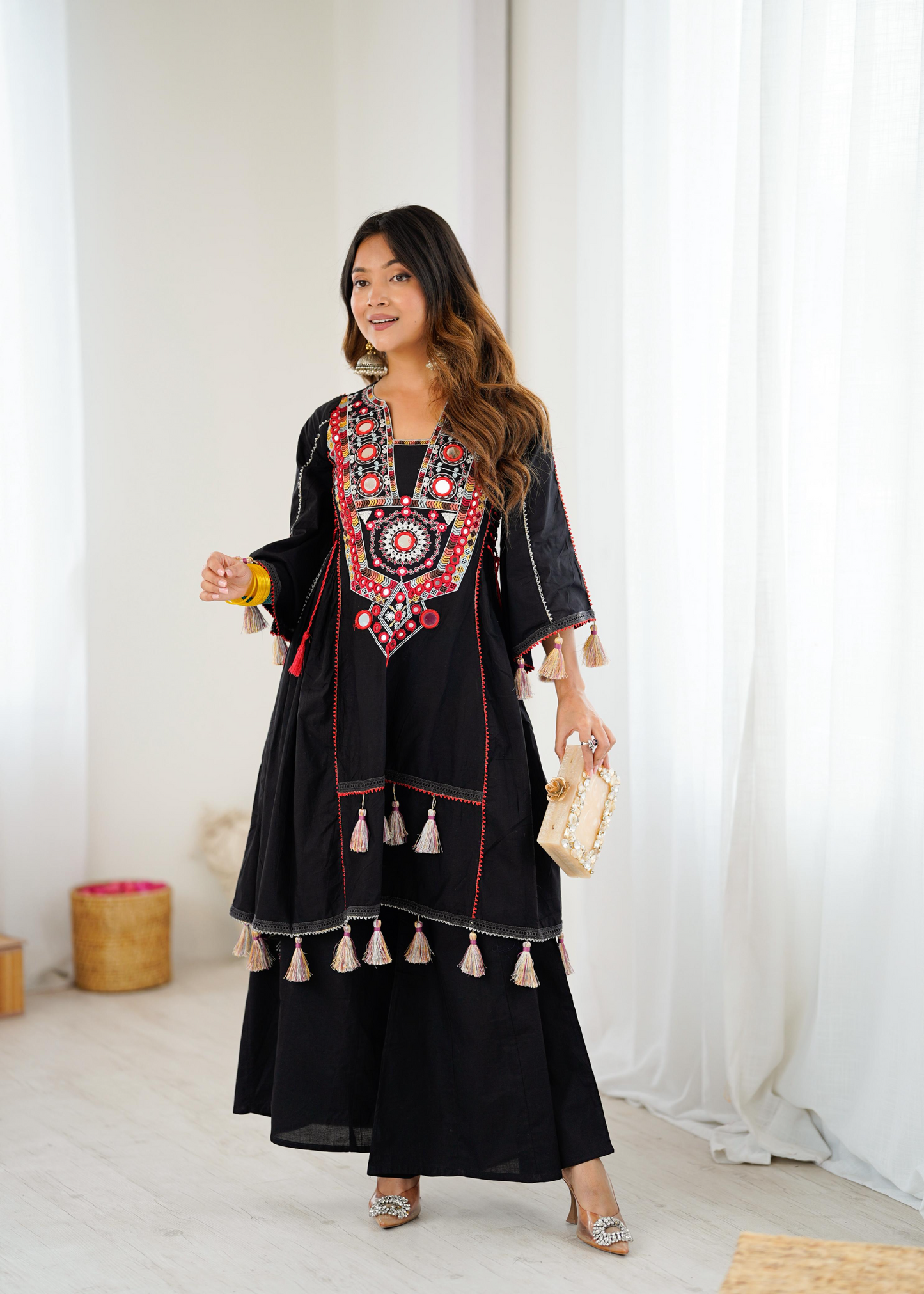 Black Khadi Cotton Sequence Embroidered Festive Anarkali Suit