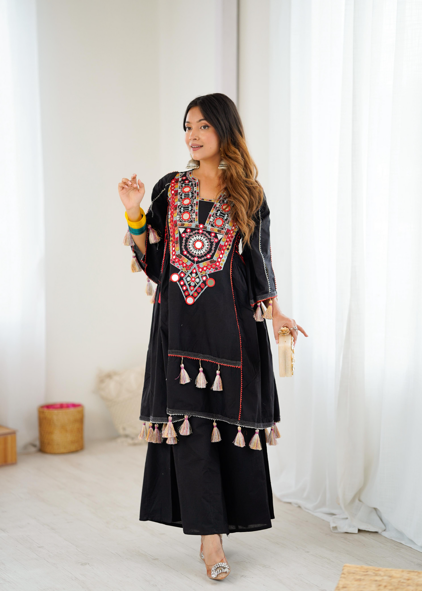 Black Khadi Cotton Sequence Embroidered Festive Anarkali Suit
