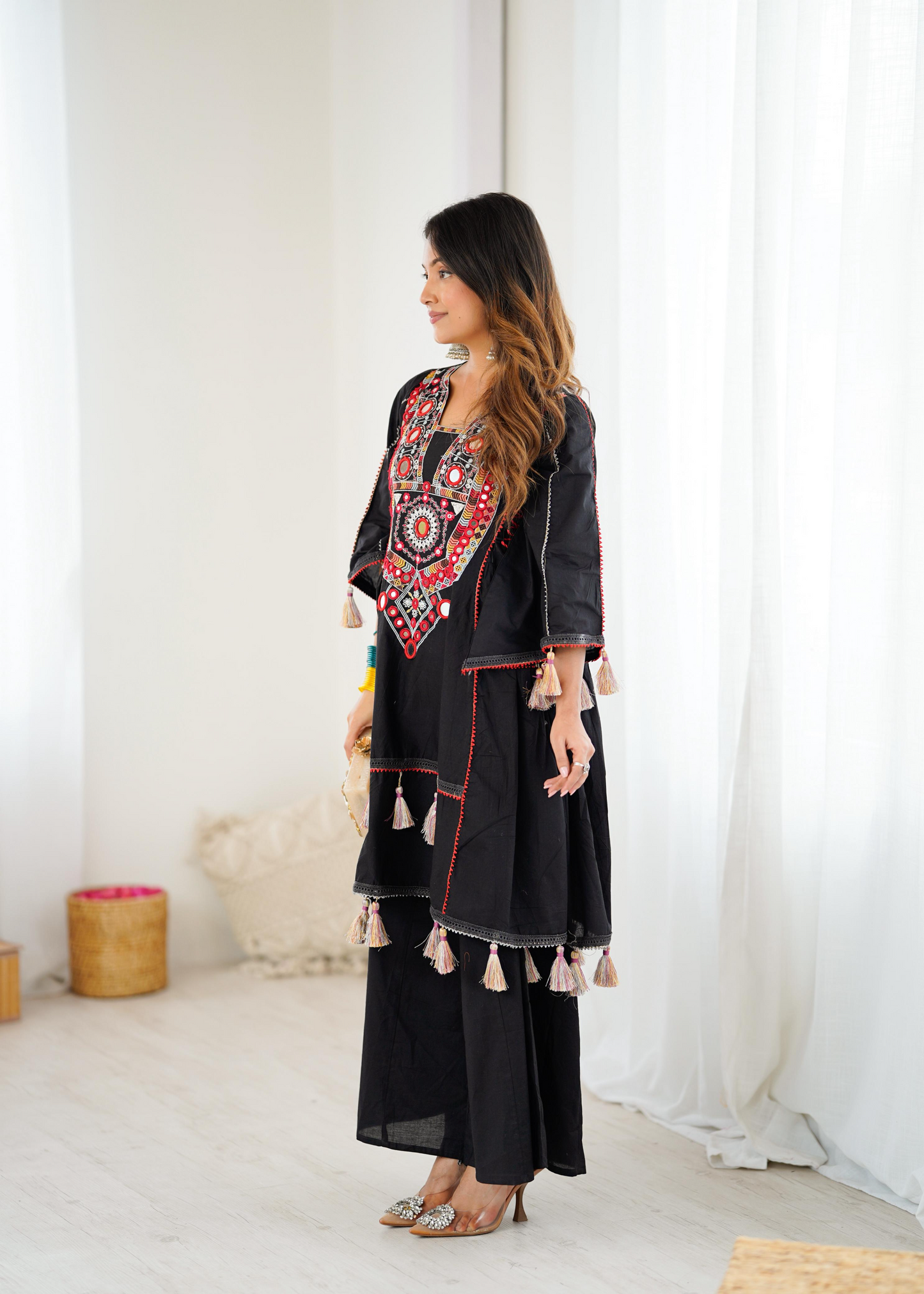Black Khadi Cotton Sequence Embroidered Festive Anarkali Suit