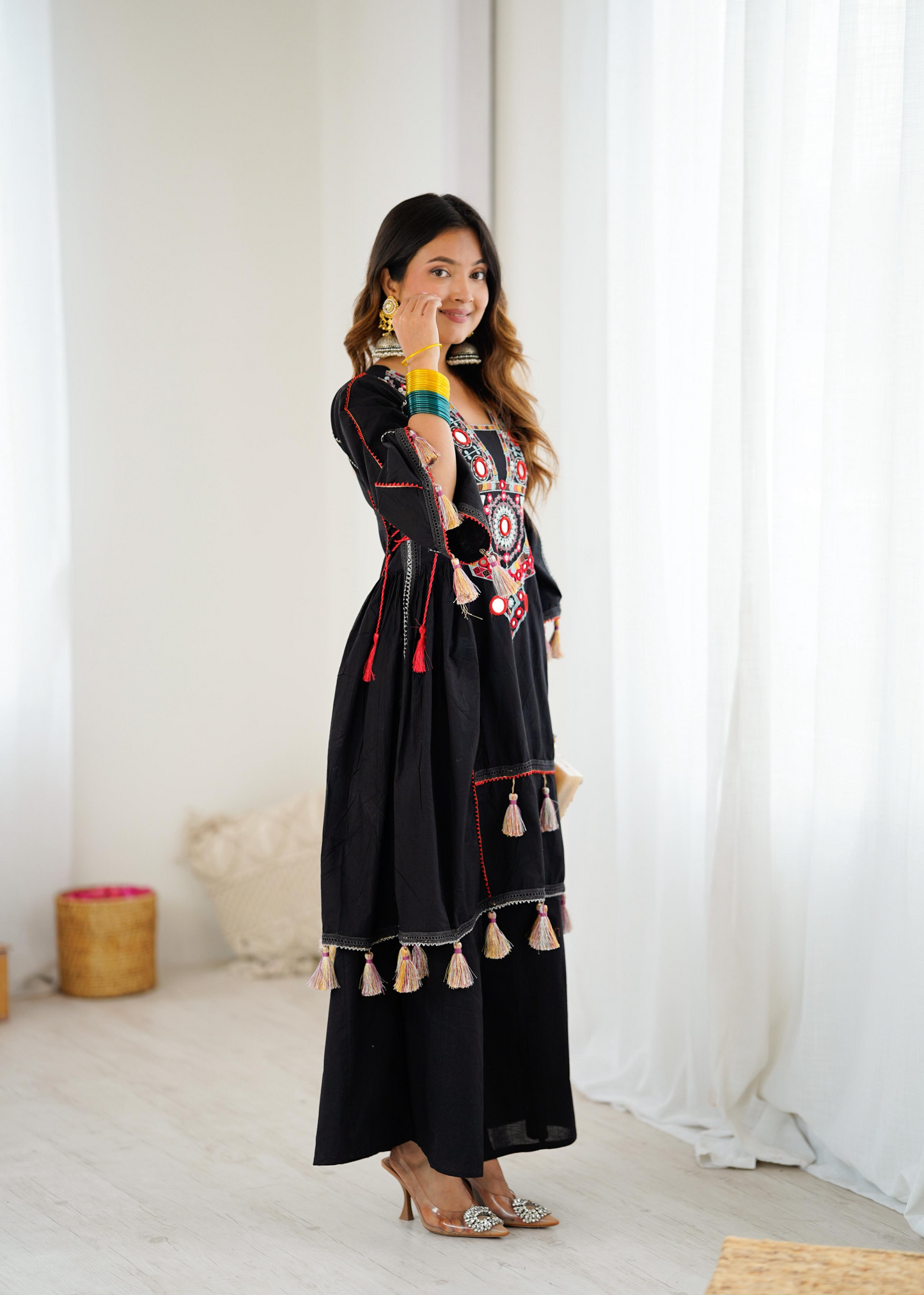 Black Khadi Cotton Sequence Embroidered Festive Anarkali Suit