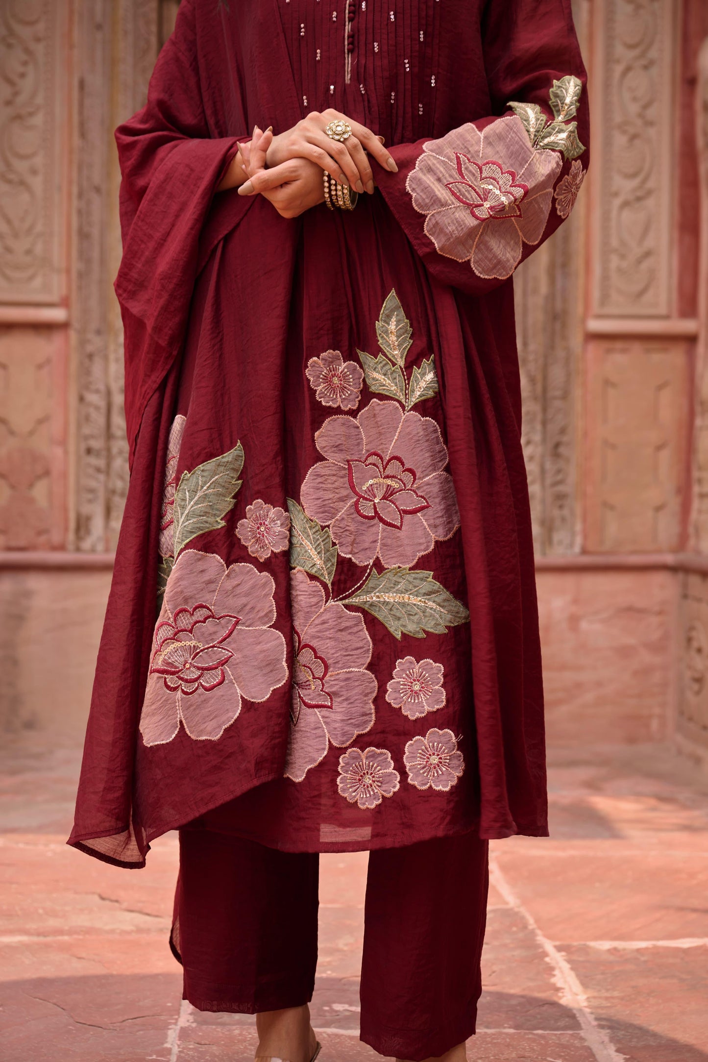 Mehroon Mul Chanderi Applique Work Suit Set