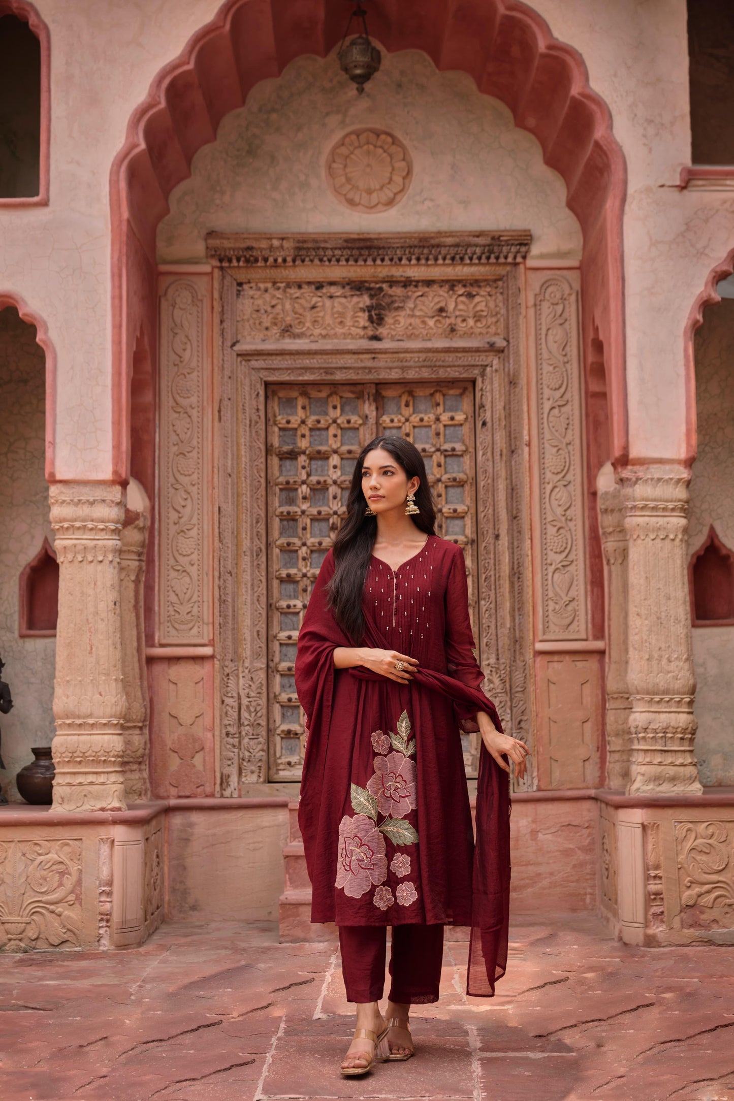Mehroon Mul Chanderi Applique Work Suit Set