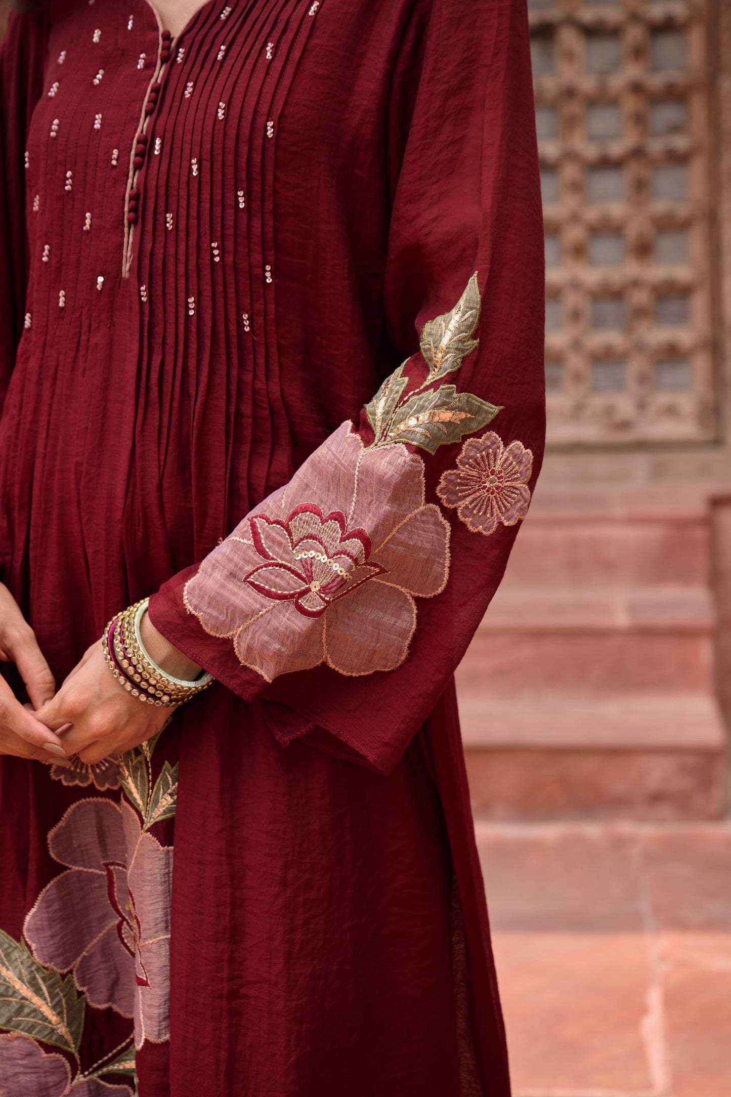 Mehroon Mul Chanderi Applique Work Suit Set